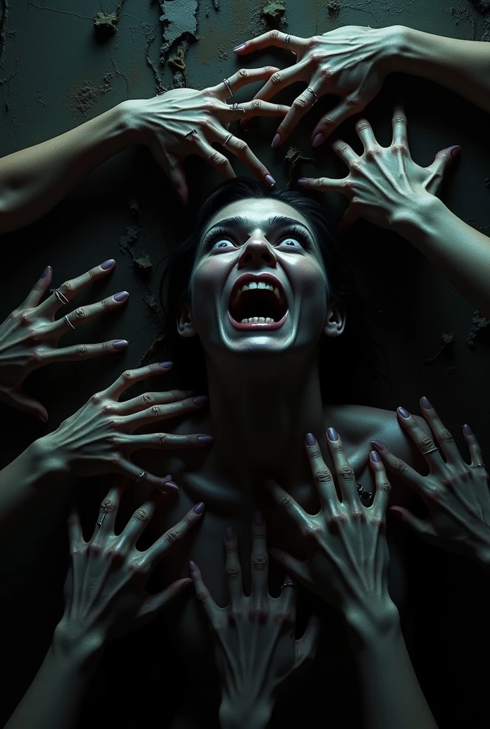 Four or five men are strangling a girl's neck.  Only black bloody hand torches in mass movement around him.
