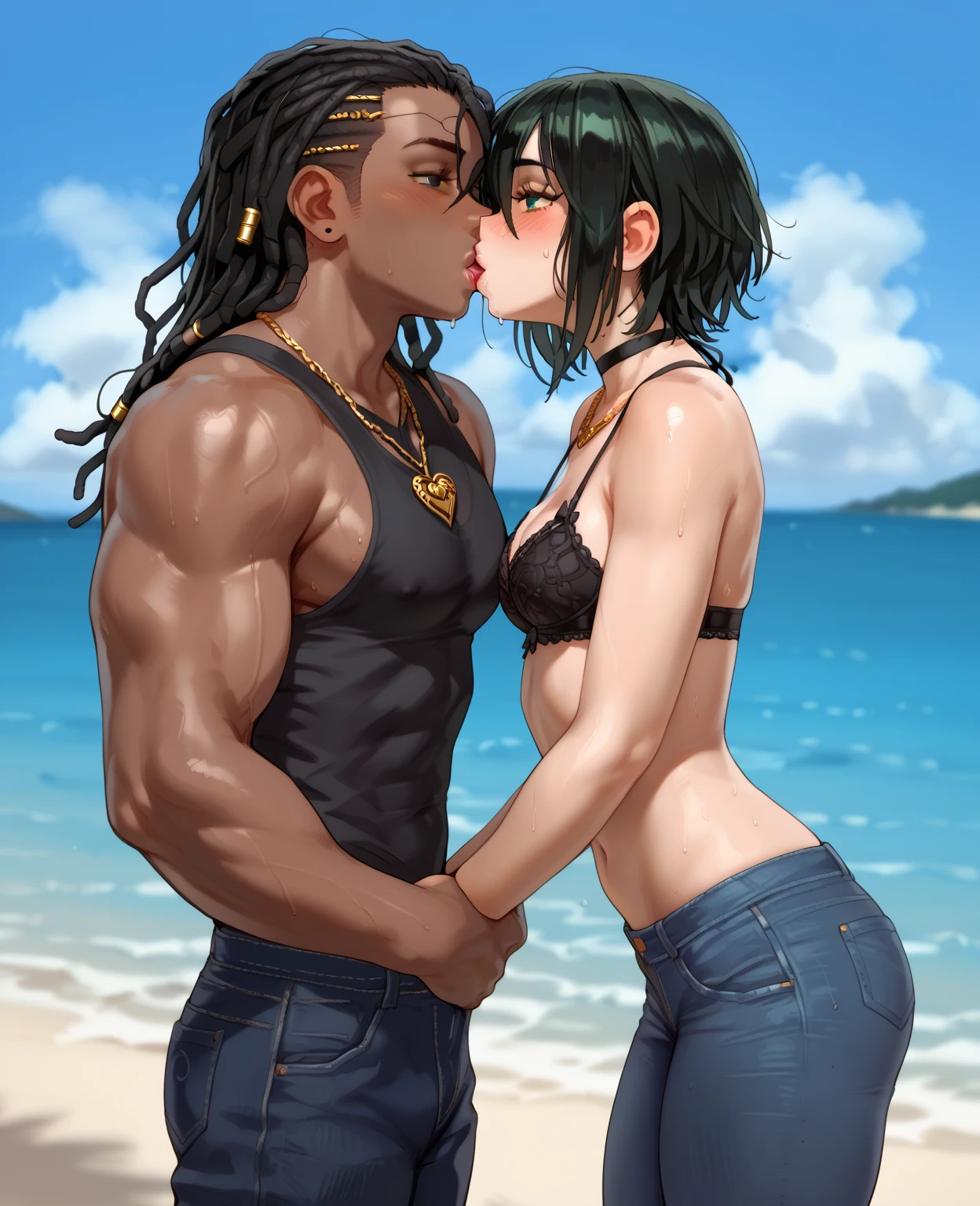 NSFW,masterpiece,Highest quality,High resolution,Super detailed,Sinon\(Sword Art Online\),(High quality sexy halter neck micro bikini), hair ornaments, Hair Clip,Embarrassed,expectant face,Estrus,sexual excitement,blush,(Ahegao),Ocean,beach,Palm tree,Rock Shade,(Middle-aged men),(Having sex),heart,(Brown Skin),Wet,(Obedience),(To flatter),(Pets)