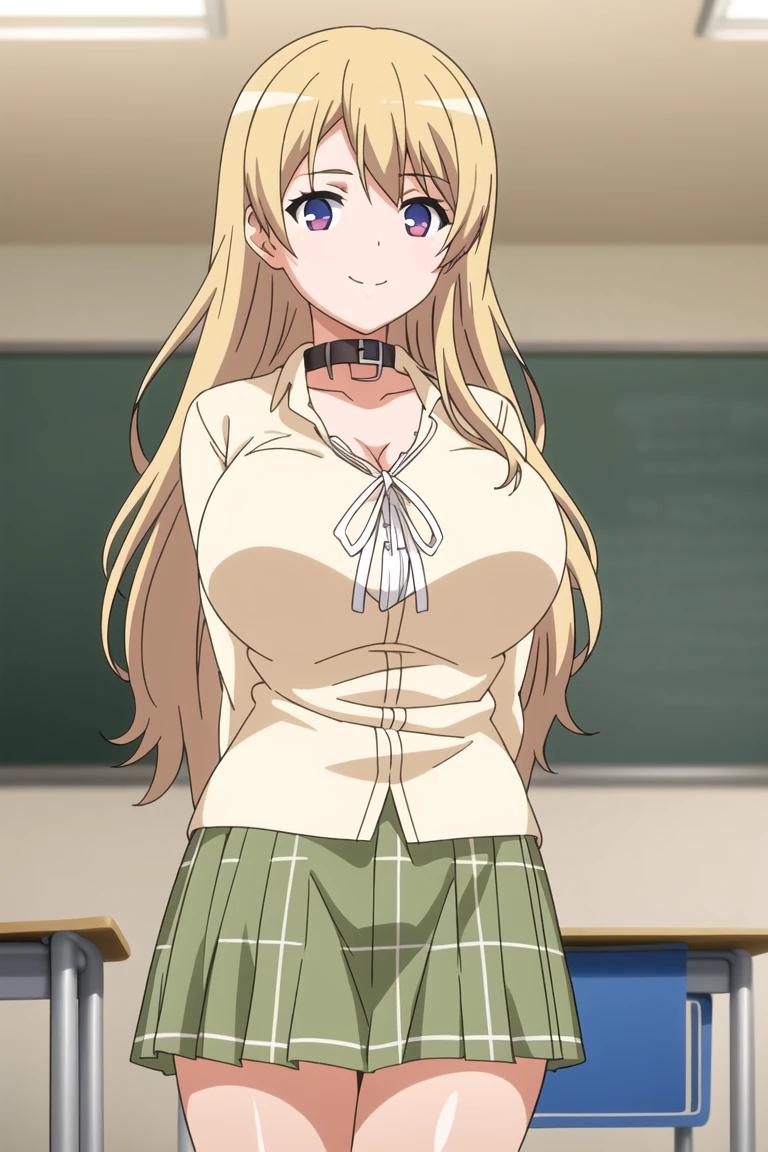 sysdeep_tsubasa,  1girl, solo, long_hair, breasts, looking_at_viewer, blush, open_mouth, bangs, blue_eyes, blonde_hair, large_breasts, holding, cleavage, school_uniform, collarbone, upper_body, collared_shirt, indoors, nail_polish, blazer, cardigan, blue_jacket, blue_nails