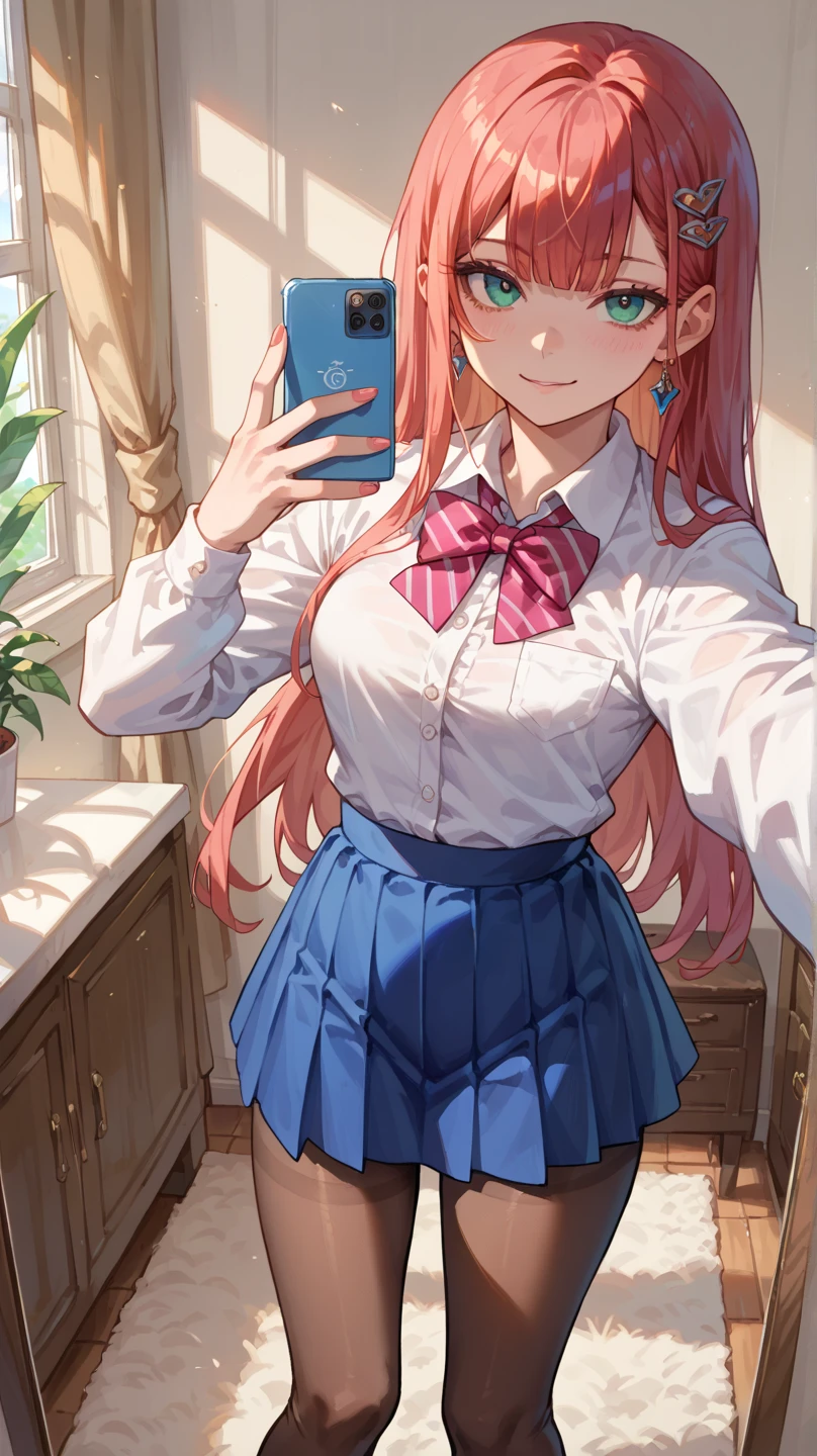 （tmasterpiece，best qualtiy：1.2），（looking at viewert），Happy face，dual horsetail，Superskirt，white  panties，Pink theme，cowboy lens，sit on a bed，inside in room，rays of sunshine，with pink hair，Pink eyes
Warming up