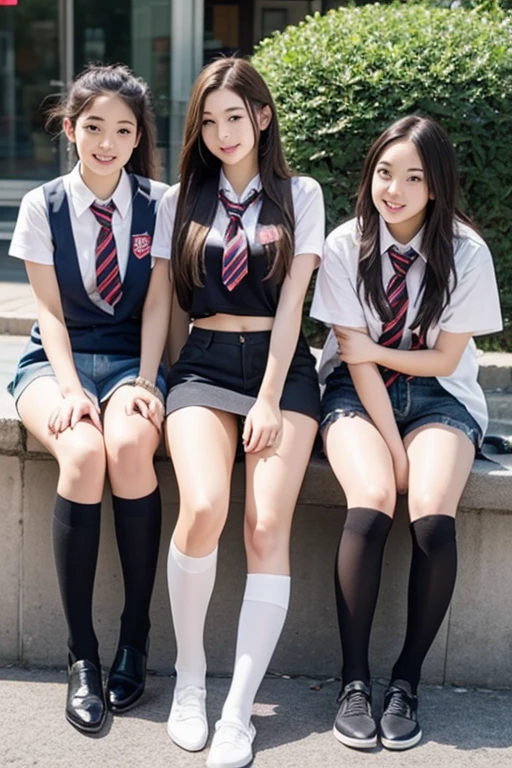 Three high school girls in a group photo、Lift the skirt to show white panties、summer clothing、uniform is very detailed、masterpiece、top-quality、Ultra-high decomposition energy A、8K High Resolution、Photogenic clarity、A detailed eye、Gradation、perfect anatomy body proportions ,hard disk、nffsw ,Nikon Z9 80mm Lens , masutepiece、Model Standing,(Photorealistic:1.4), Extremely cute face, Amazing face and eyes,Smile slightly、(School uniform, pleatedskirt:1.5), ((Light pink panties))Three high school girls in a group photo、