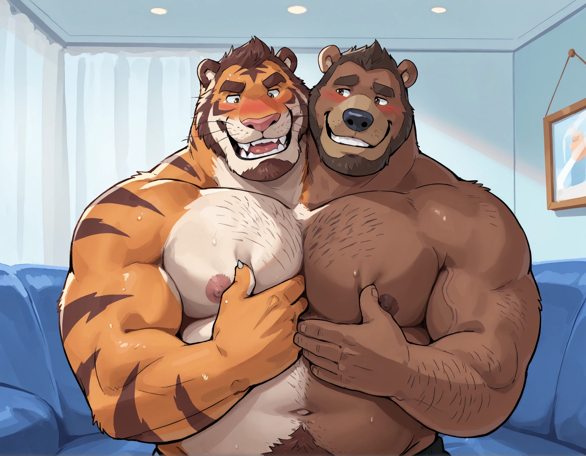 ((Best quality)), ((шедевр)), (Detailed), visage parfait, bear sitting in this bed, baille la bouche grande ouverte, s'étire les bras, chubby, furry art, naked, penis large avec de la fourrure sur les testicules, dad body, hairy chest, bear body, bear face, furr body, expressive position, digital art, angry, embarrassed face, costaud, corps poilu, par mystikfox61, par darkgem, par Glitter Trap Boy, par bebebebebe