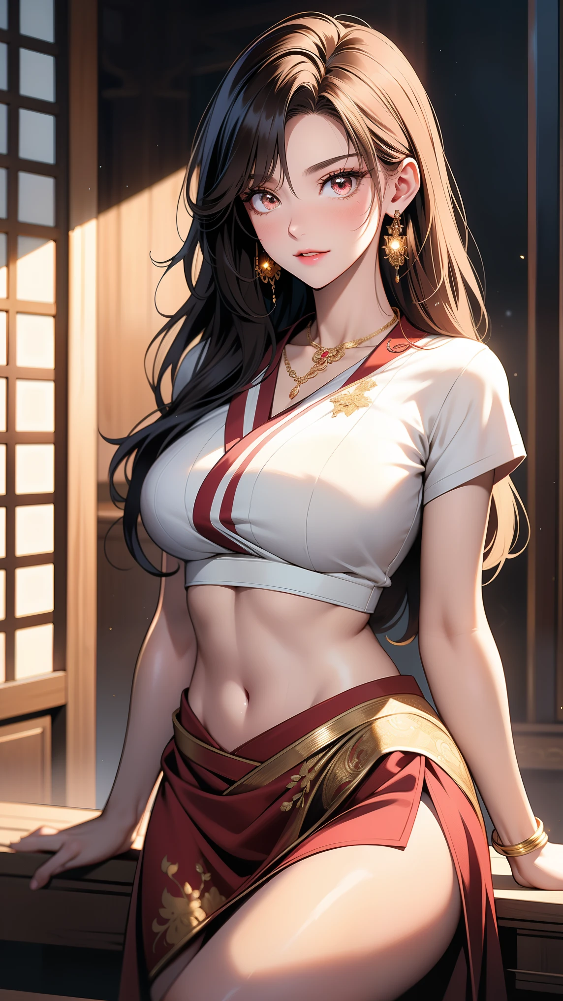 (masterpiece, best quality, detailed illustration, high resolution), ((1girl, solo)), ((huge breasts, slim waist, long legs, fit body, toned body)), ((black hair)), ((yellow saree)), ((full body, closeup view)), ((standing)), ((looking at the viewer, facing the viewer)), office setting, ((tan skin, tanned skin)), ((oiled skin)), ((large breasts, mature woman, mature female, mature lady)), ((indian woman)), ((straight hair)), (detailed eyes), ((standing)), ((muscular body, abs)), ((warrior girl))