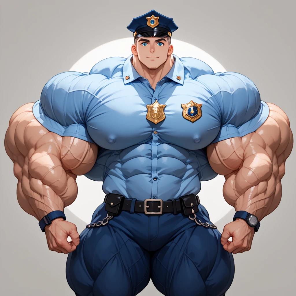 (Shorts male cop, strong fat asian man, police cap uniform), (dark gray background, (1 male bald head with glasses), strong muscles, various poses, big ass, 1.4 eye details, 40k)"