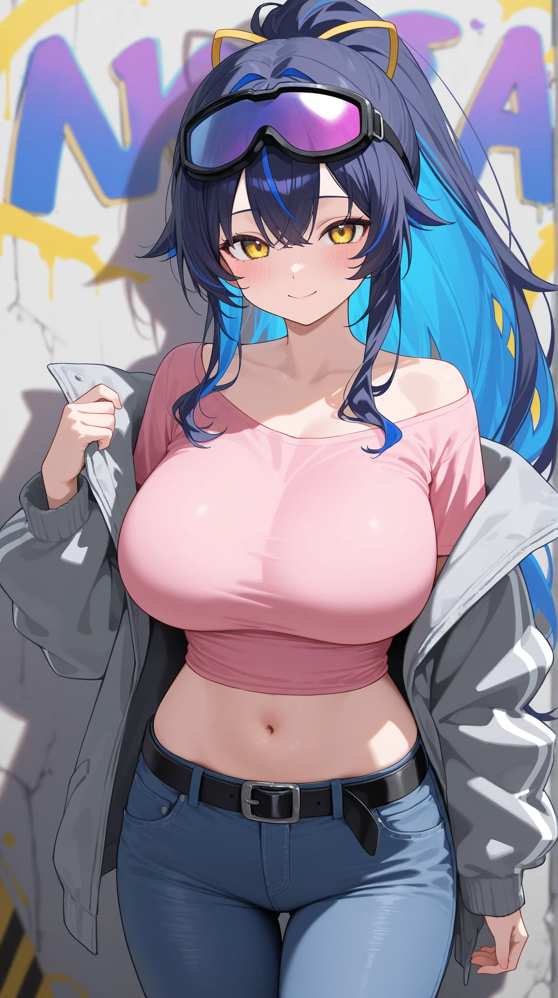 kamisato ayaka|genshin impact, master-piece, bestquality, 1girls,25 years old, oversized breasts, large nipples, shorts jeans, oversized breasts, ,bara, topless, shorts jeans, choker, (Graffiti:1.5), Splash with purple lightning pattern., arm behind back, against wall, View viewers from the front., Thigh strap, Head tilt, bored, water eyes, erect nipples