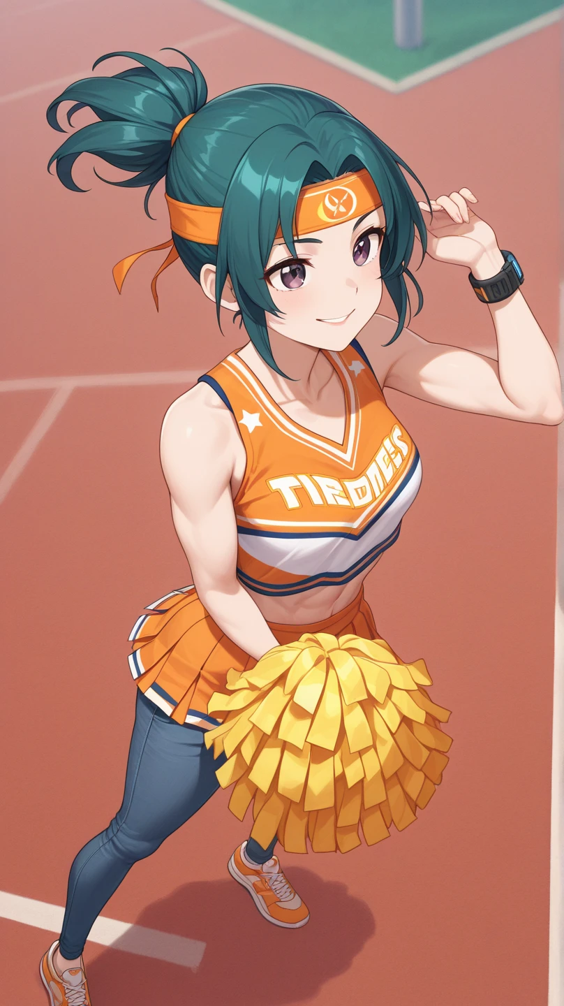 long hair, mole under mouth, purple hair, single braid, hair between eyes, aqua eyes, sharp teeth, ahoge, blush, smile, cowboy shot, masterpiece, best quality, absurdres, perfect anatomy, 1girl, solo, U.A. CheerUniform, orange skirt, cheerleader, perfect shading, bare shoulders, big breasts