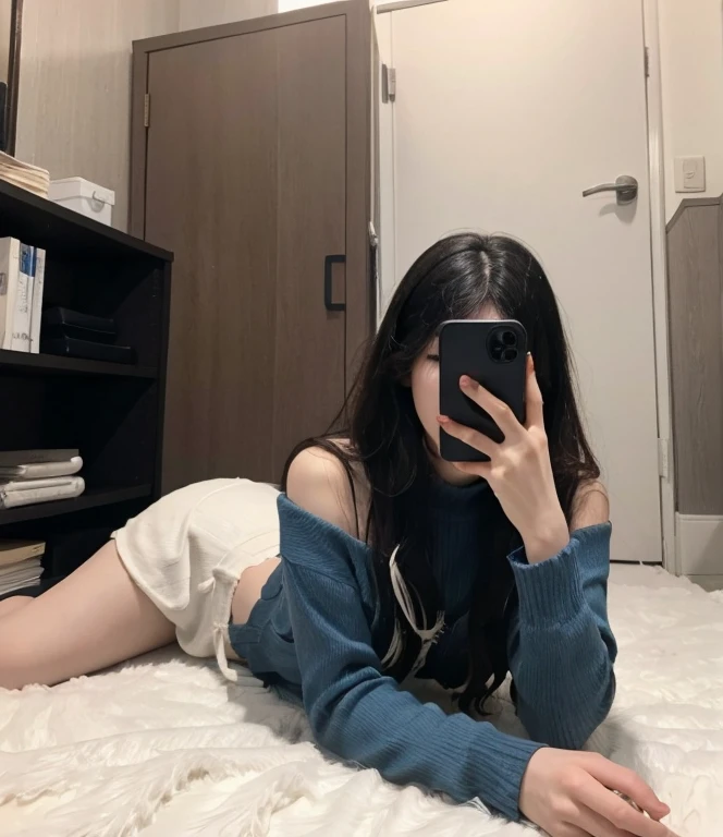 (best quality,8k,highres,masterpiece:1.2),ultra-detailed,realistic,portrait, 1 Taiwan woman,solo, Tall, slightly fat,attractive pose,sitting on the floor taking a selfie, wearing a beautiful white dress, Taiwanese girl, captivating photo, taken with iPhone in the bedroom, holding a smartphone, iPhone, sitting in front of a mirror, shooting from the waist up, indoor image，slim and elegant fingers, well-maintained glossy hair, soft and natural lighting, vibrant colors, pleasant and warm color tone, intricate patterns on the floor, peaceful atmosphere, the reflection of the mirror adds depth to the composition.