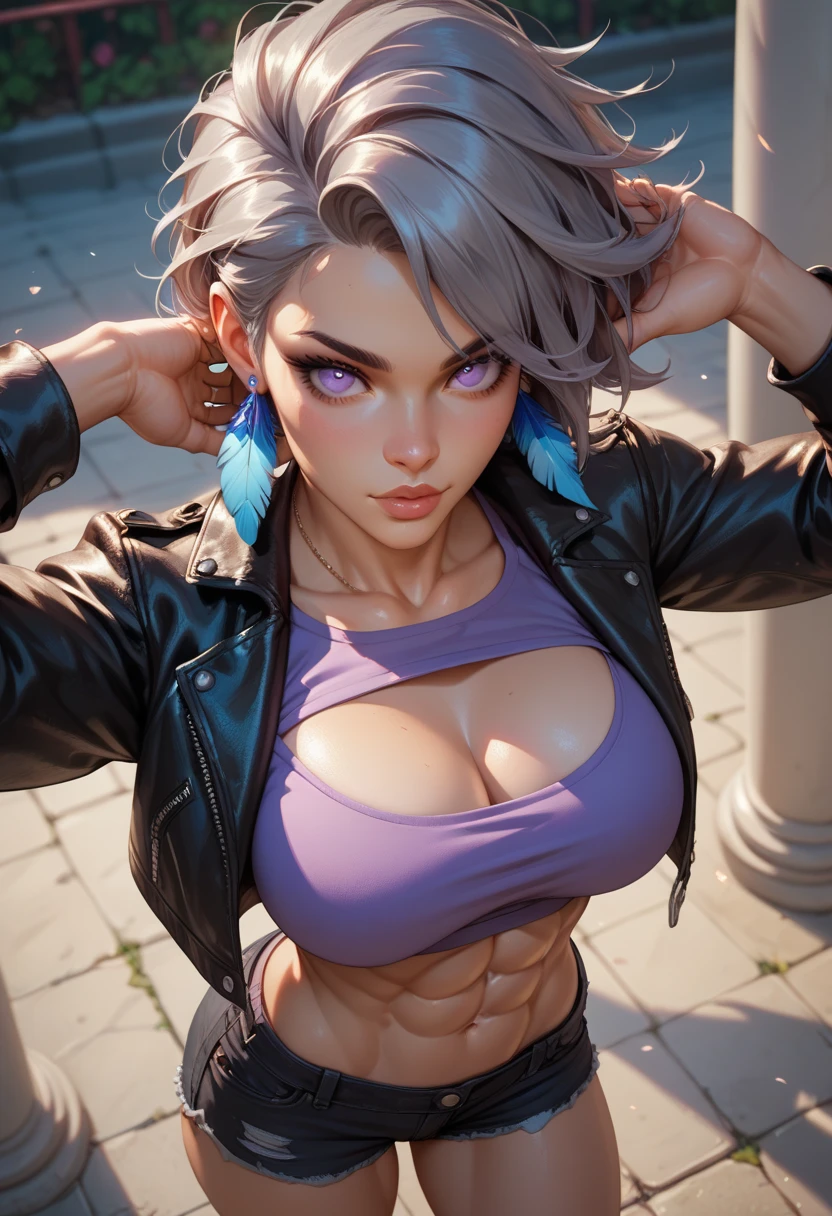 a beautiful woman with purple hair and a blue bikini, showing off her muscular body and six-pack stomach, with sweat dripping down her sexy body making it glistening, and showing off her charming underarm wrinkles