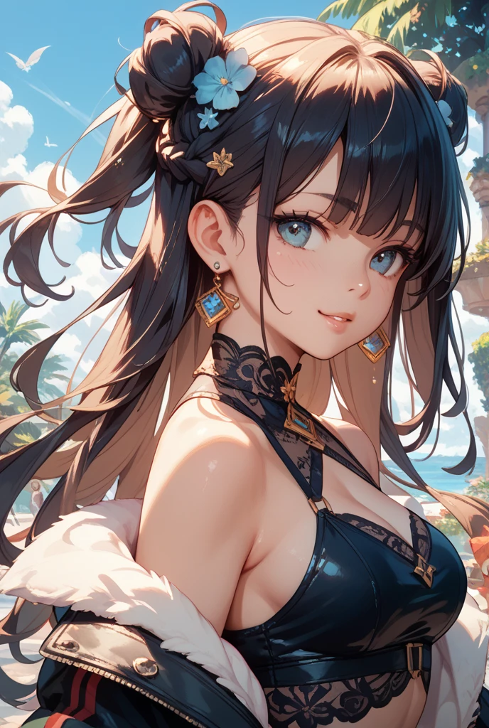 1girl,black hair, (hair over one eye), (heterochromia), detailed collarbone, perfect collarbone, (nude), (completely nude), floating hair, seaside,scenery,landscape,cherry blossoms, falling petals, sunbeam,god rays,upper body,  RENGE,DRESS,KIMONO