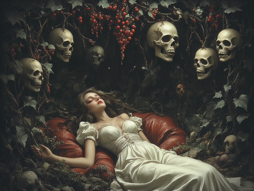Make a woman completely bandaged all over her body, except in the mouth and eyes, lying on top of a pile of skulls, with the mouth open, flies coming out, camera from above, Renaissance style.