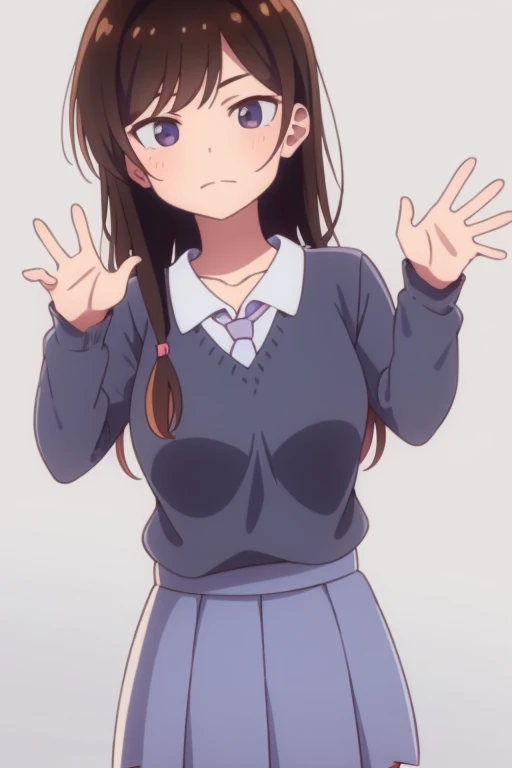 Tied Chocolate brown hair, lilac eyes, physical education clothing, red sweatpants, white blouse