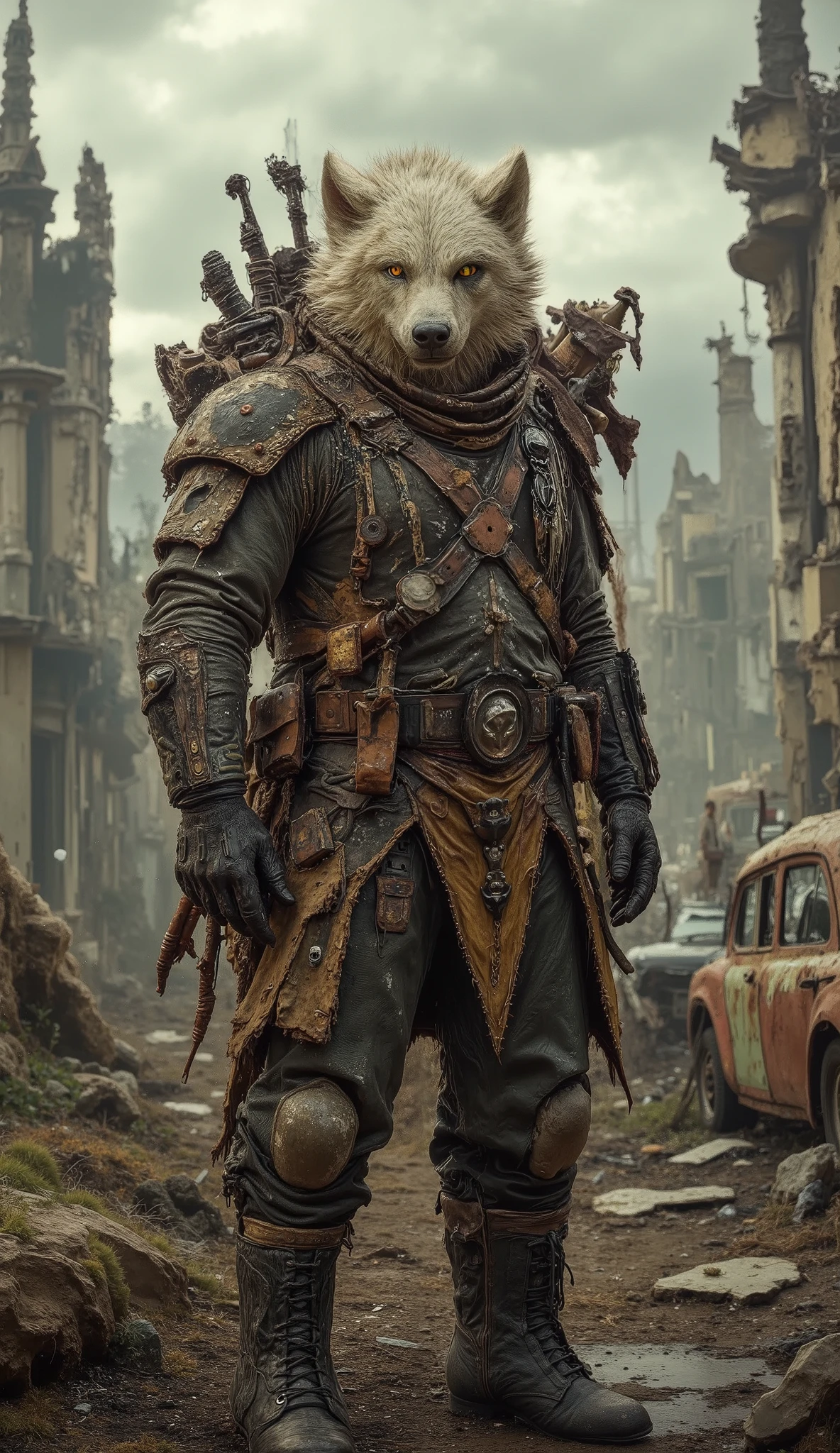 A white anthropomorphic wolf dressed as a survivalist warrior, wearing rugged tactical gear, torn armor pieces, and carrying handmade weapons, standing in a ruined post-apocalyptic city, detailed fur texture, fierce expression, glowing yellow eyes, realistic style, cinematic lighting, desaturated tones, abandoned cars and collapsed buildings in the background, high detail, ultra-realistic post-apocalyptic atmosphere
