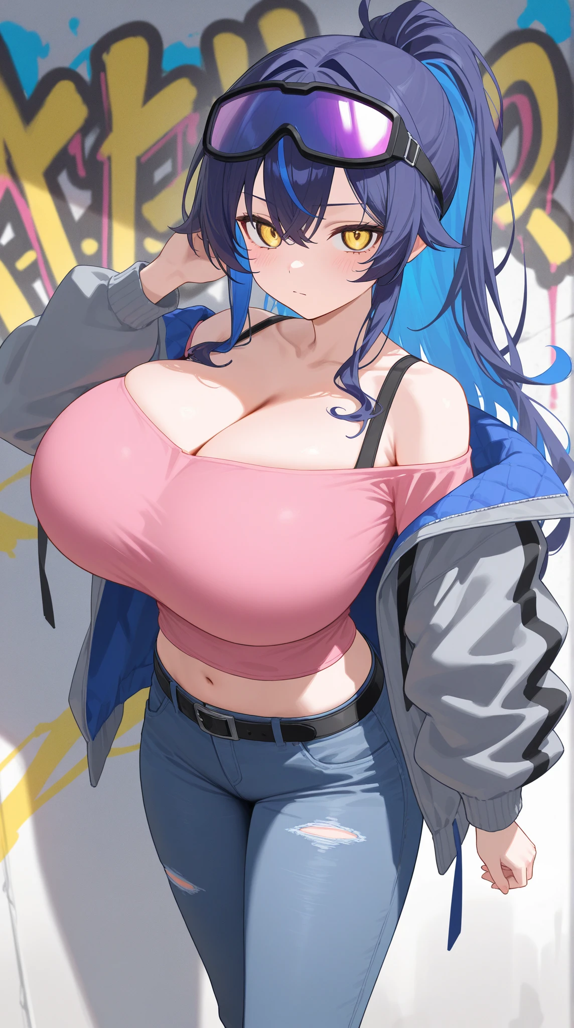 nsfw:1.5,Browsing Caution,'(masterpiece, Highest quality, Very detailed, 8k wallpaper, Realistic), 1 person, Curvaceous yet slender body, (Big Breasts:1.8、pointy breasts:1.8), Colorful printed micro bikini top, Fleece jacket, Shorts, Knee socks, Bangles, choker, Twin tails, Backpack, street, Street lamp, Late Night、animal ears