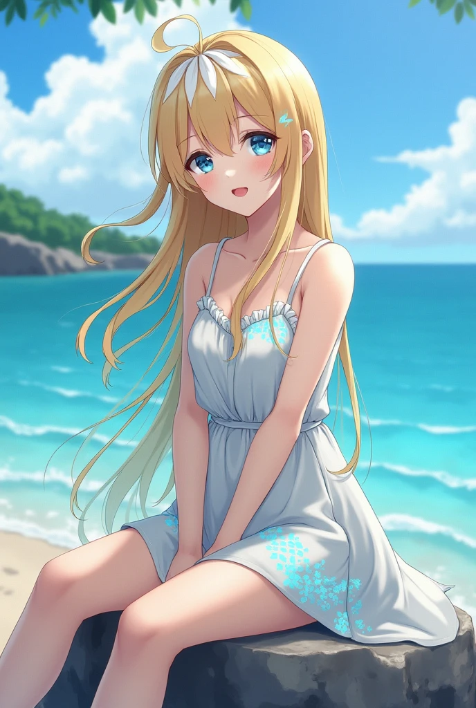 masterpiece, highest quality, Detailed face, Beautiful and detailed eyes, Beautiful Face, Perfect body, Official Art, grand plix award illustration, Professional Lighting,
One girl, teaju lunateek,to love-ru, perfect body,blonde Hair, Long Hair, green eyes,
Beach scene, New Caledonia, Sunny day, Clear blue water, White sand,
Walking on beach, Short sleeve sundress, straw hat,Slightly transparent, Bikini visible underneath, Gentle breeze, Comfortable atmosphere,
Style of Yabuki Kentaro, To Love-Ru art style,
Carefree expression, Enjoying the weather, Soft smile