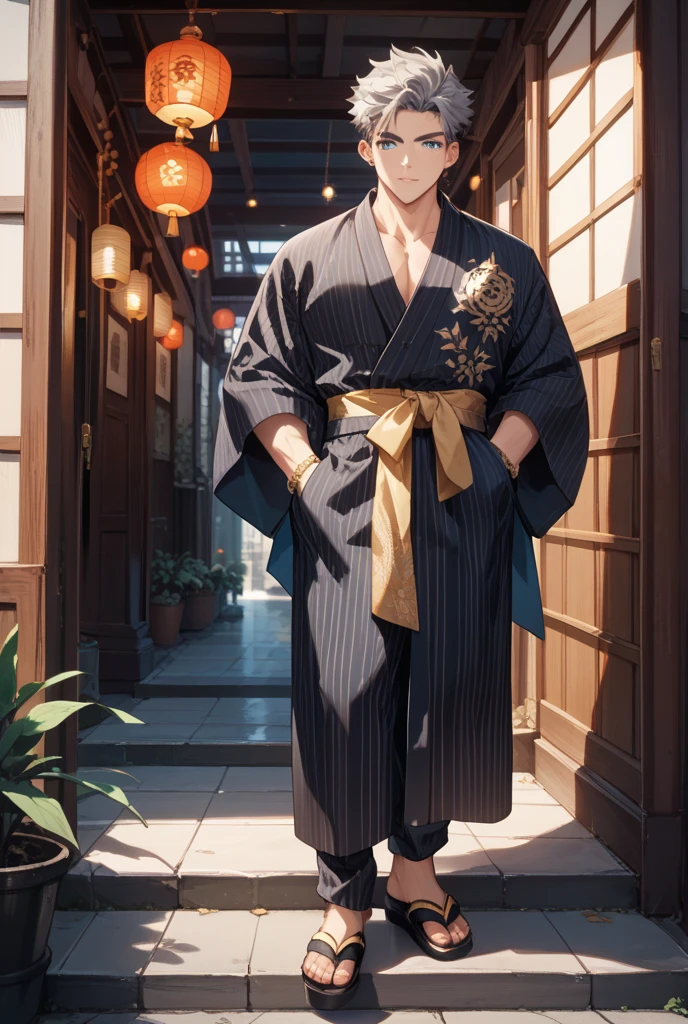 top-quality, ​masterpiece, hight resolution, 1 juvenile, Male Focus, 独奏, Beautiful Boys, put hands on the hip, cleavage of the breast, Look at viewers, A smile, Opening Mouth, Summer Festivals,  paper lanterns, Blue yukata, beautiful  lighting, a handsome, male people, ighly detailed。Young men。male in his 20s。(((male people)))