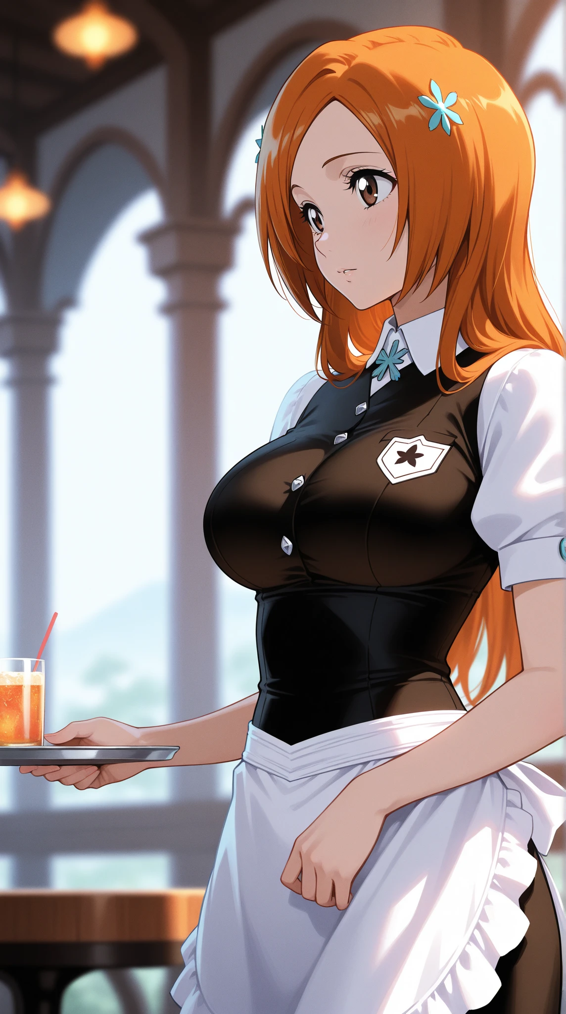 a beautiful detailed girl with orange hair, dramatic lighting, bright pupils, wearing a maid costume with white leggings, camera angle from under the skirt, 1girl, highres, 8k, best quality, masterpiece, ultra-detailed, realistic, photorealistic, photo-realistic, HDR, UHD, studio lighting, ultra-fine painting, sharp focus, physically-based rendering, extreme detail description, professional, vivid colors, bokeh