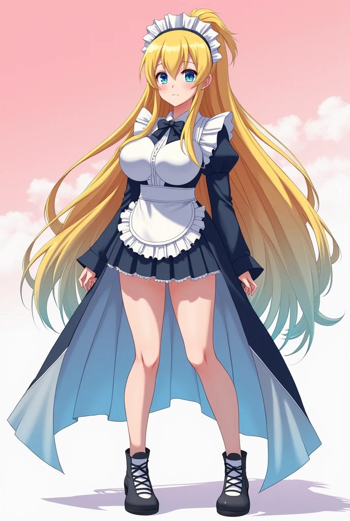 Beautiful long blonde Girl in black maid outfit Long sleeve Shyness diaper Skirt lifted Watery eye