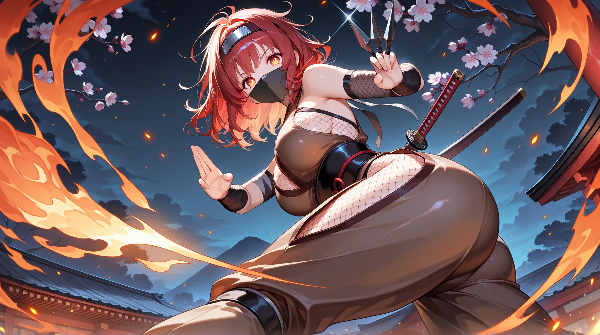 Highest quality,Ultra HD,Best AI Images, Full body photo,(Beautiful face like a Japanese actress), ((Red Hair 1.3)),Japan no Kunoichi, Covert behavior, Female Ninja, ((Dagger fight scene)),(Dagger fight scene1.3),portrait of japanese woman, , Trending on deviantart, ((Grey short ninja costume 1.5)),((Sexy Kunoichi,Big Breasts)), Japanese spy, Cel animation style, (Beautiful Face 1.5), Key Visual, Vibrant,(((Night Castle Background 1.5))), Very detailed, growing up,