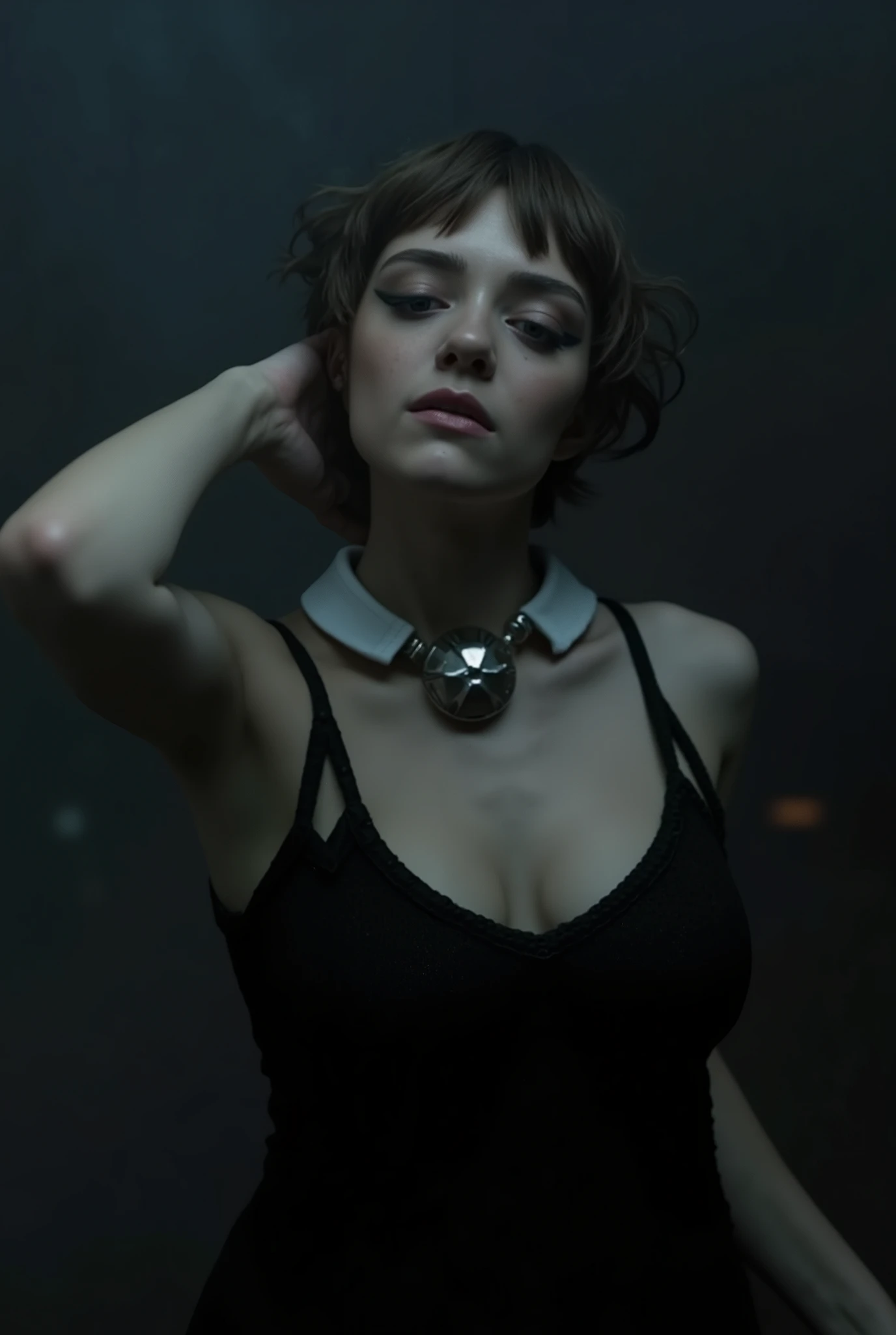 high detailed picture, realistic style, masterpiece, dark room, nightmare, ghostly girl, dark smoky atmosphere, moody lighting, very young girl, small perfect breasts, torpedotits, (thin, slender, narrow shoulders and hips, anorexic girl, slender legs and arms), brown hair, short hair, brown eyes, straight hair, bangs, 16k, masterpiece, realistic style, perfect fingers, tomboy, very sexy dress, dressed like (black knitted dress, open clothes, very off shoulder, her breasts are visible, o-ring), very tight clothes, bursting breasts, EMedvedevaSkater