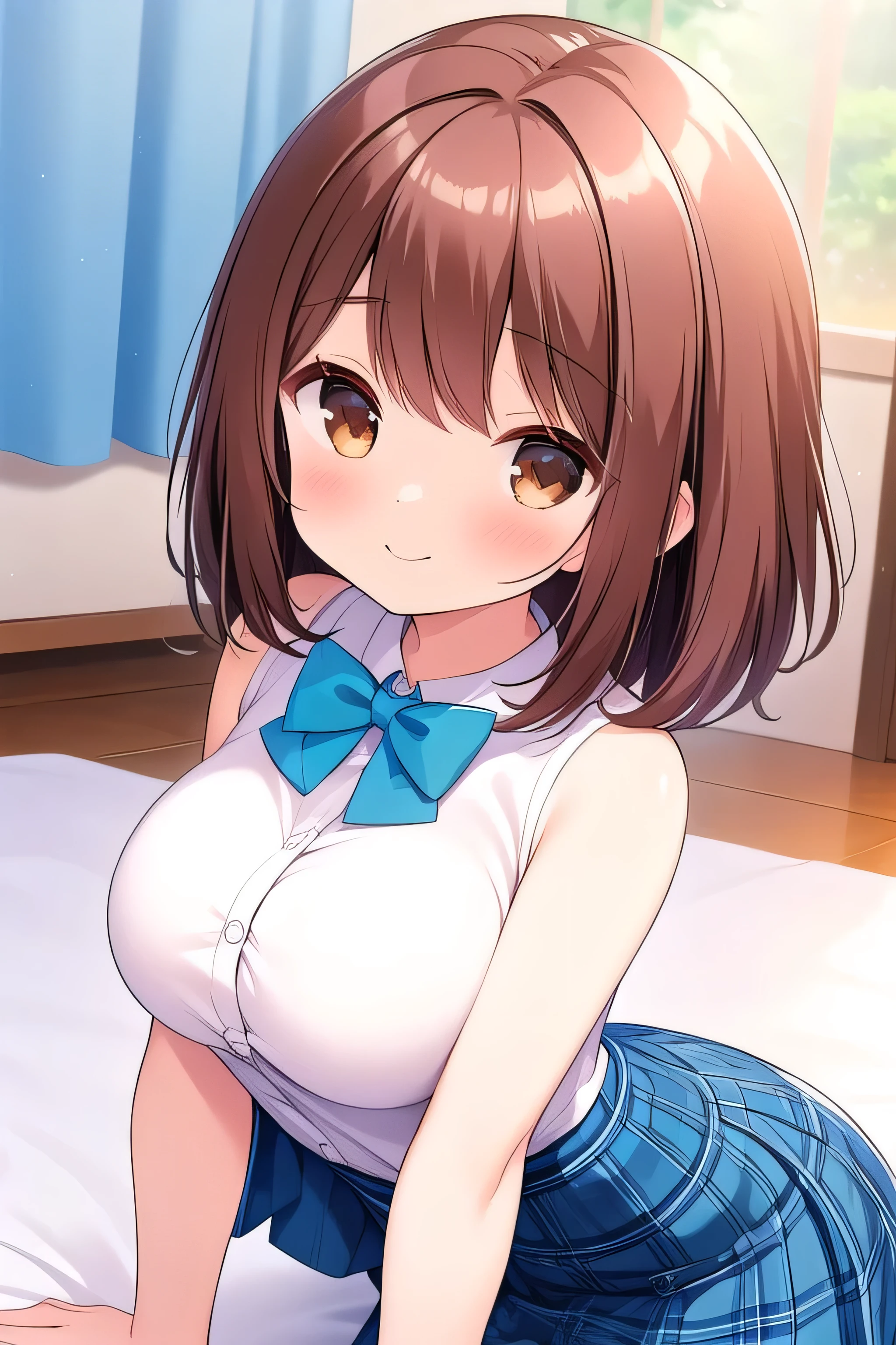 (masterpiece, best quality), highly detailed background, perfect quality, shiina kokomi, solo, brown hair, long hair, brown eyes, large breasts, blazer, white shirt, blue bowtie, blue skirt, plaid skirt, gentle smile, big breast, fully shoulders, room, shirt, short hairs, happy, tall adult, lay down,