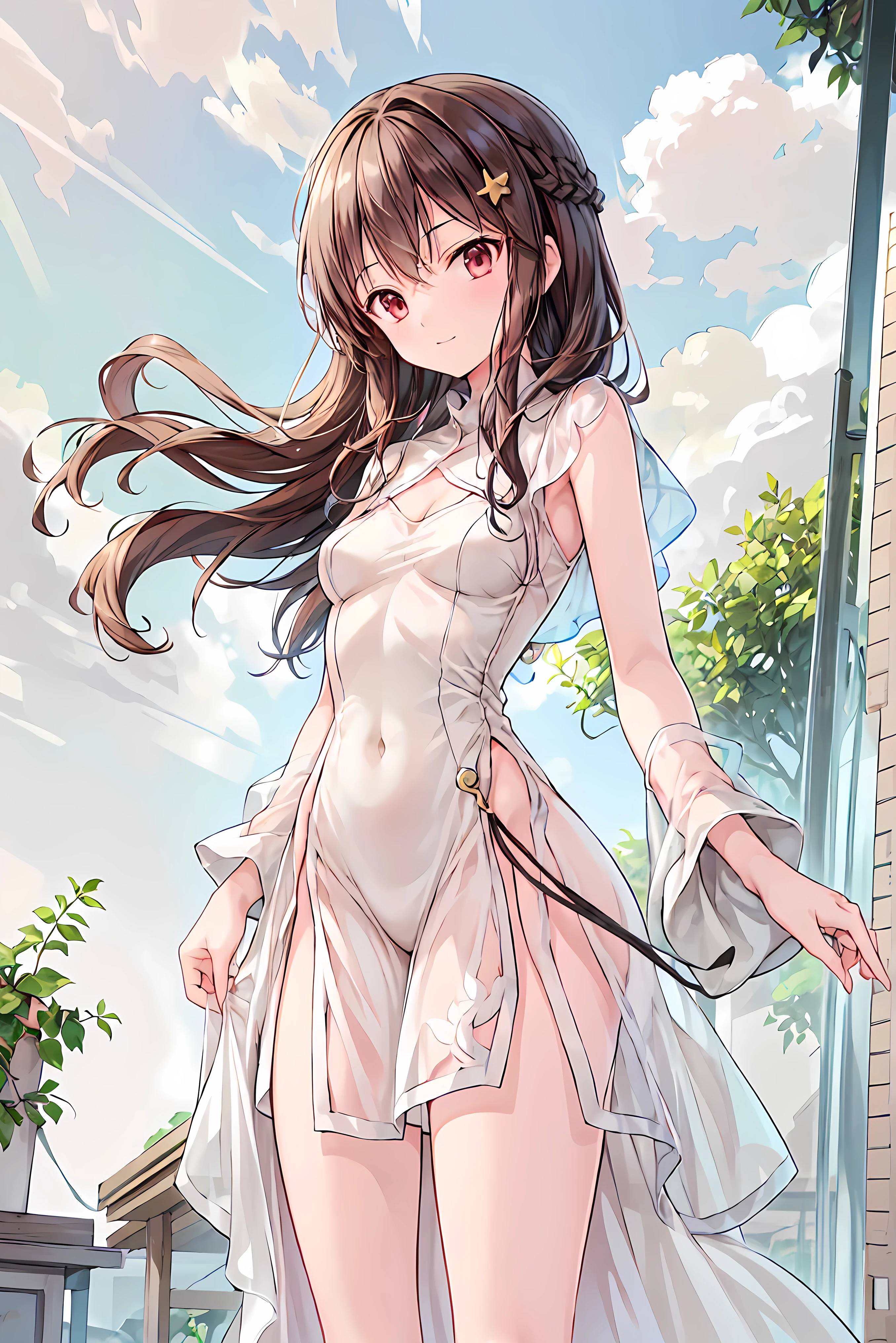 masterpiece,best quality,1 girl,Alone,outdoor,viewers,smile,ãã©ã¹ ,bangs,null,blue null,cloud,medium chest, o, white hair,red eyes,cross your arms around your back,Simple Clothes ,long hair, Hair,shortcuts,unkempt hair,Short braided hair,Neat, slender beautiful woman, correct posture,Small chest,beautiful legs,Seductive Gray-Blue Eyes Shine Like Stars,droopy eyes,bright colors,beautiful eyes,繊細なsmile,Textured Skin,best qualityを最高に, gentle and beautiful woman ,anime style、