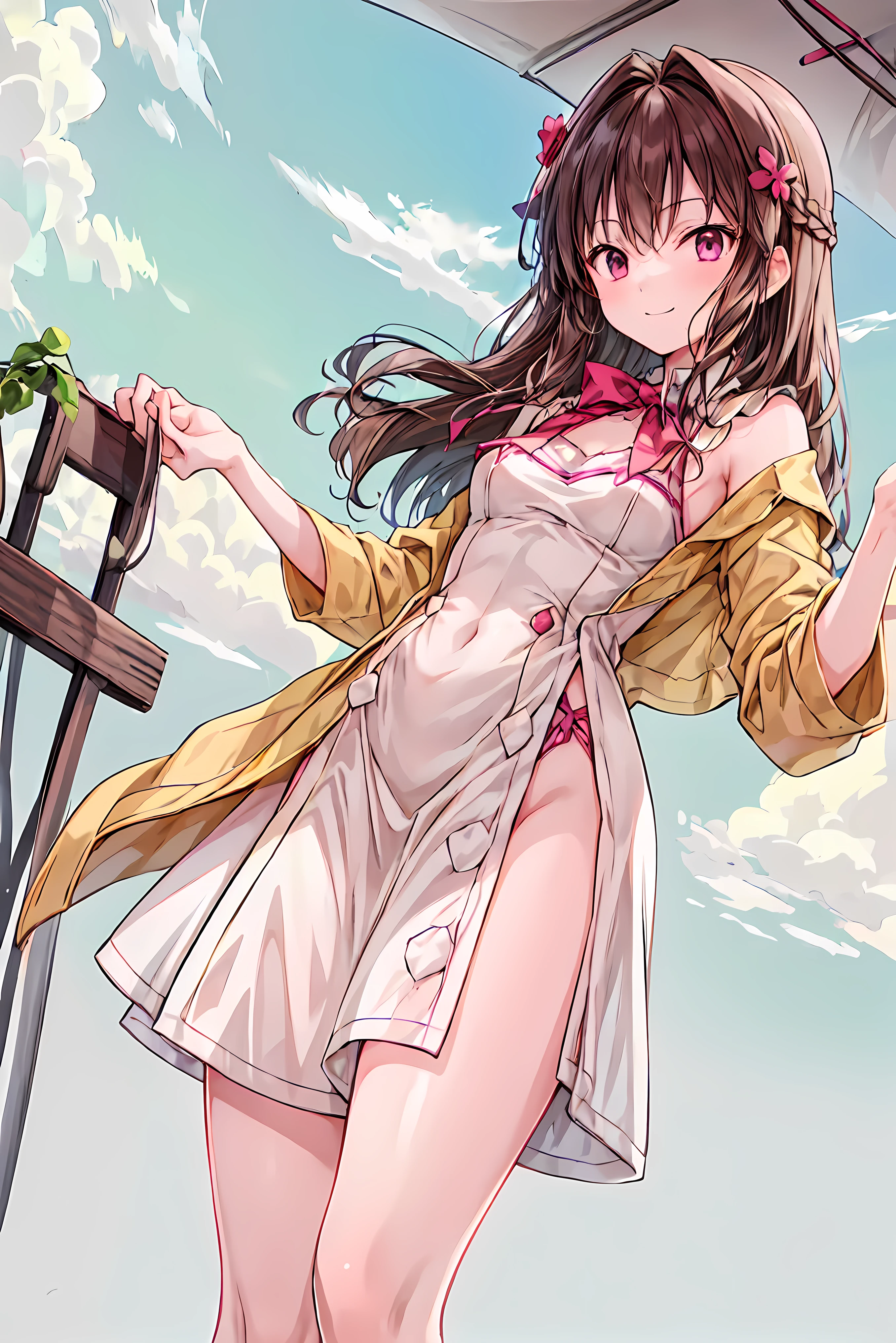 masterpiece,best quality,1 girl,Alone,outdoor,viewers,smile,ãã©ã¹ ,bangs,null,blue null,cloud,medium chest, o, white hair,red eyes,cross your arms around your back,Simple Clothes ,long hair, Hair,shortcuts,unkempt hair,Short braided hair,Neat, slender beautiful woman, correct posture,Small chest,beautiful legs,Seductive Gray-Blue Eyes Shine Like Stars,droopy eyes,bright colors,beautiful eyes,繊細なsmile,Textured Skin,best qualityを最高に, gentle and beautiful woman ,anime style、