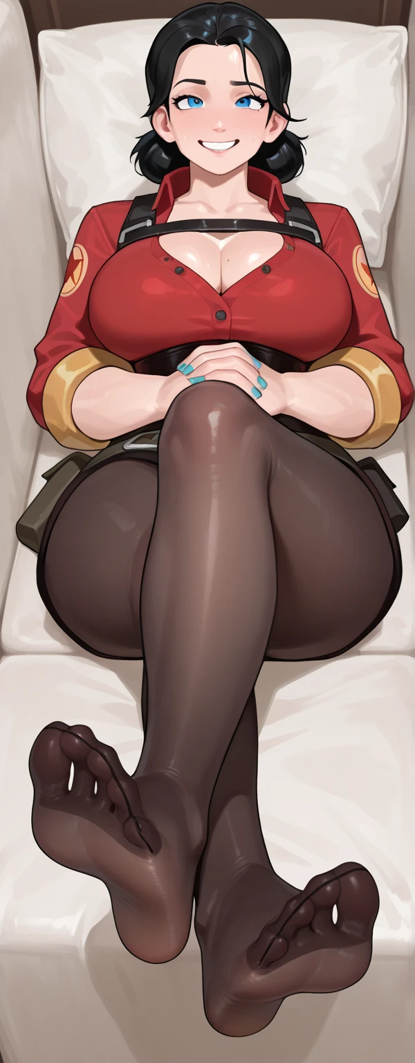 (8k, best quality, masterpiece:1.2), (realistic, photo-realistic:1.37), ultra-detailed, 1 girl,cute, solo, ,beautiful detailed blue eyes, medium wavy hair, , smiling, looking at viewer, ,light brown hair, full body view, , whole body shot, red hat, , , nsfw, , big breasts, white skirt, , thick thighs, black Thigh High Boots, red sweater, yellow scarf, winter wonder skye,, standing, Thigh High Boots,lying on the floor in bedroom