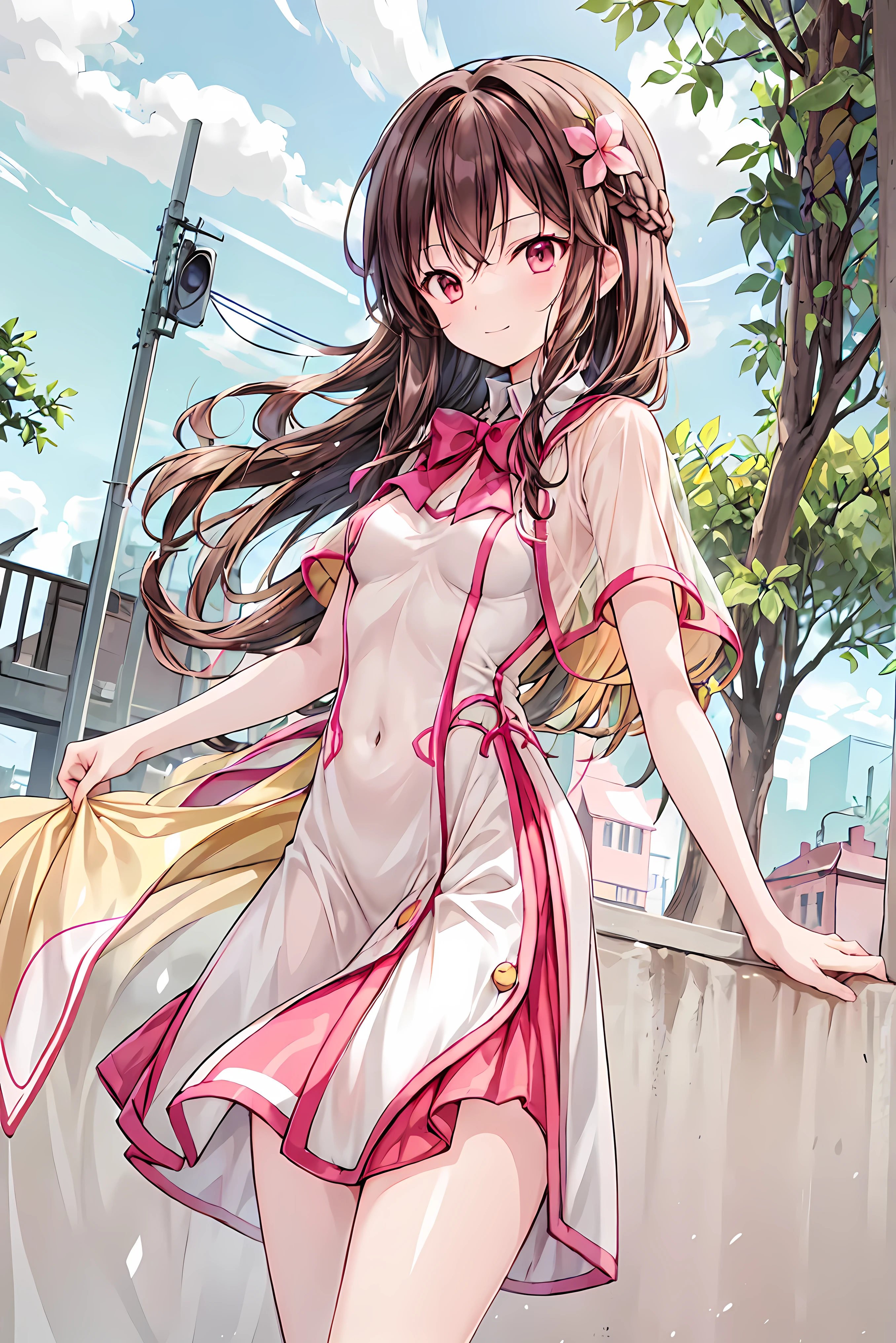 masterpiece,best quality,1 girl,Alone,outdoor,viewers,smile,ãã©ã¹ ,bangs,null,blue null,cloud,medium chest, o, white hair,red eyes,cross your arms around your back,Simple Clothes ,long hair, Hair,shortcuts,unkempt hair,Short braided hair,Neat, slender beautiful woman, correct posture,Small chest,beautiful legs,Seductive Gray-Blue Eyes Shine Like Stars,droopy eyes,bright colors,beautiful eyes,繊細なsmile,Textured Skin,best qualityを最高に, gentle and beautiful woman ,anime style、