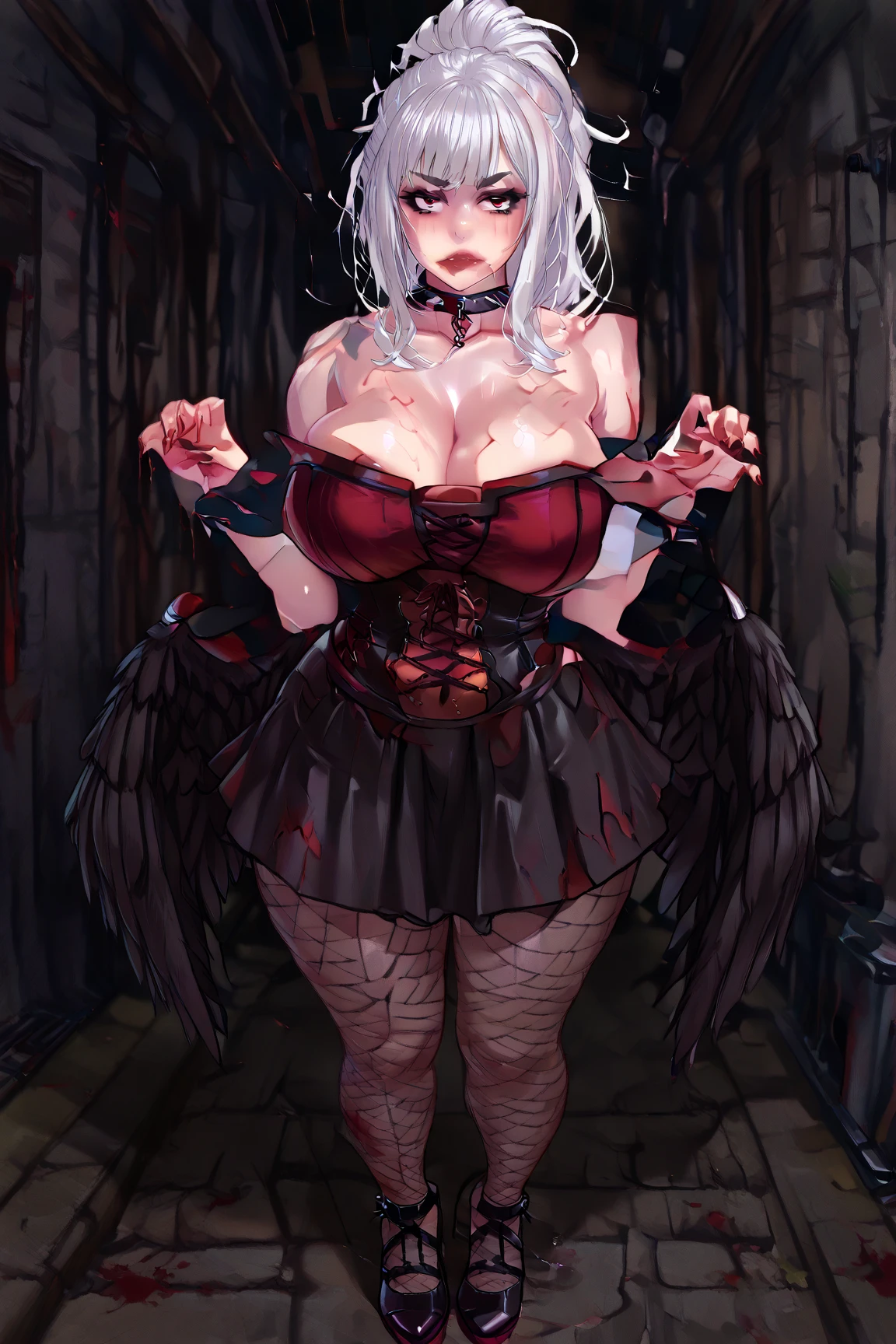 realistic, 1girl, (vampire girl:1.4), white hair, (red eyes), glowing eyes, slit pupils, (blood, blood splatter), crop top, cleavage, short shorts, collarbone, parted lips, fangs, makeup, blush, night, reflection, full moon, moonlight, rose, castle, shadow, darkness, bat \(animal\),
