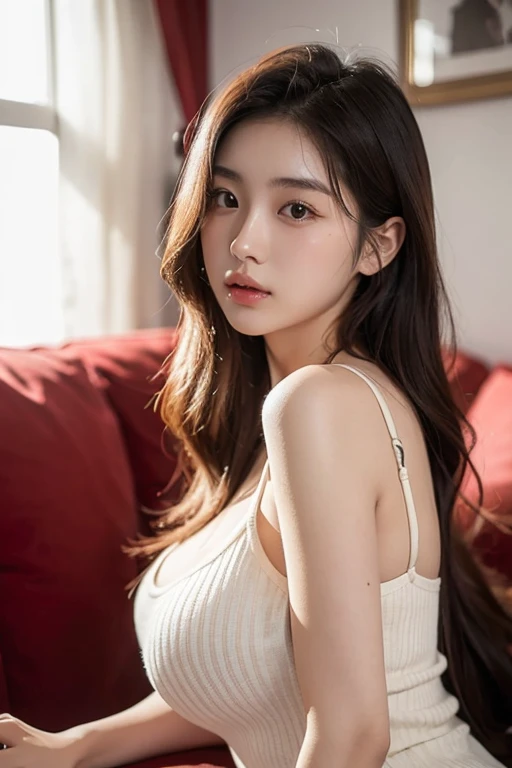 ((Night view, realistic light, best quality, 8k, masterpiece: 1.3)), 1girl, pretty woman with slim figure: 1.4, (brown hair, medium breasts: 1.3), off-the-shoulder cut top: 1.3, sofa, super detailed face, detailed eyes, double eyelids, NSFW,