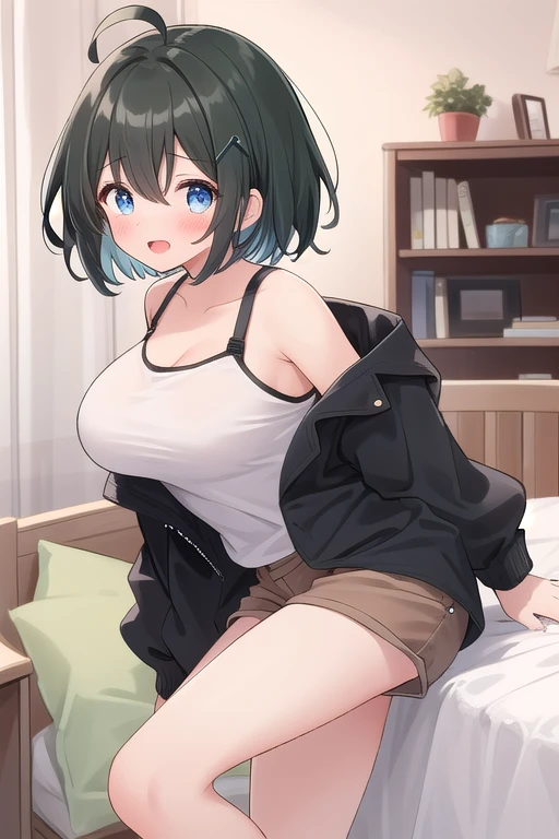 super fine illustration, vibrant colors, masterpiece, sharp focus, best quality, depth of field, cinematic lighting, ultra detailed, short sleeves, blue t-shirt, collarbone, skirt, belly button, midriff, hips, 1 woman, solo, home, solo, milf, very messy hair, brown long hair, slender, blush, annoyed, room, indoors, mature woman, tall woman, looking down, v-shaped eyebrows,