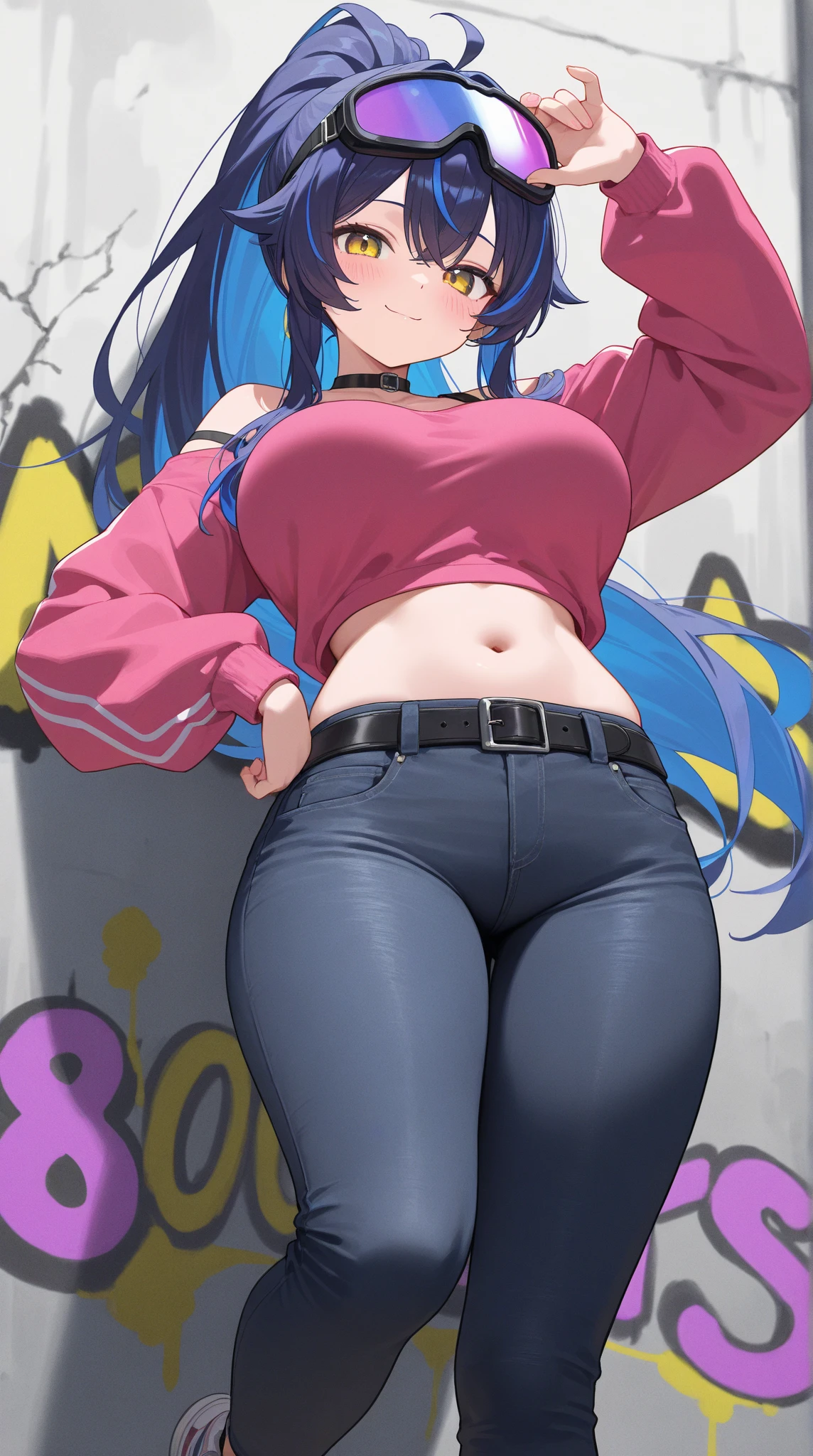by cutesexyrobutts, by oda non,
1girl, sweater, underboob, clothes lift, yoga shorts, gradient hair