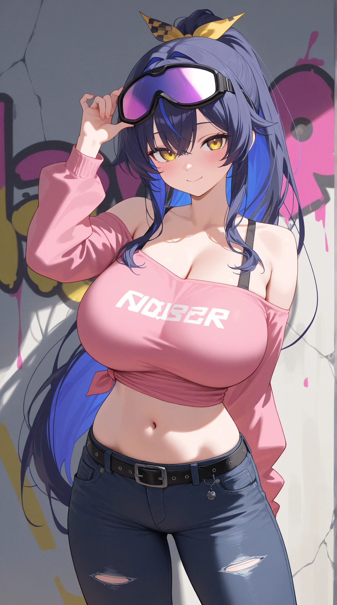 The most beautiful and sexy punk rock girls, rainbow colored hair, yellow eyes, wearing a hoodie, Graphic T-shirt and ripped skinny jeans, huge huge tits, showing cleavage, lots of tattoos and piercings, background doodle elements, perfect masterpiece, high quality, High resolution