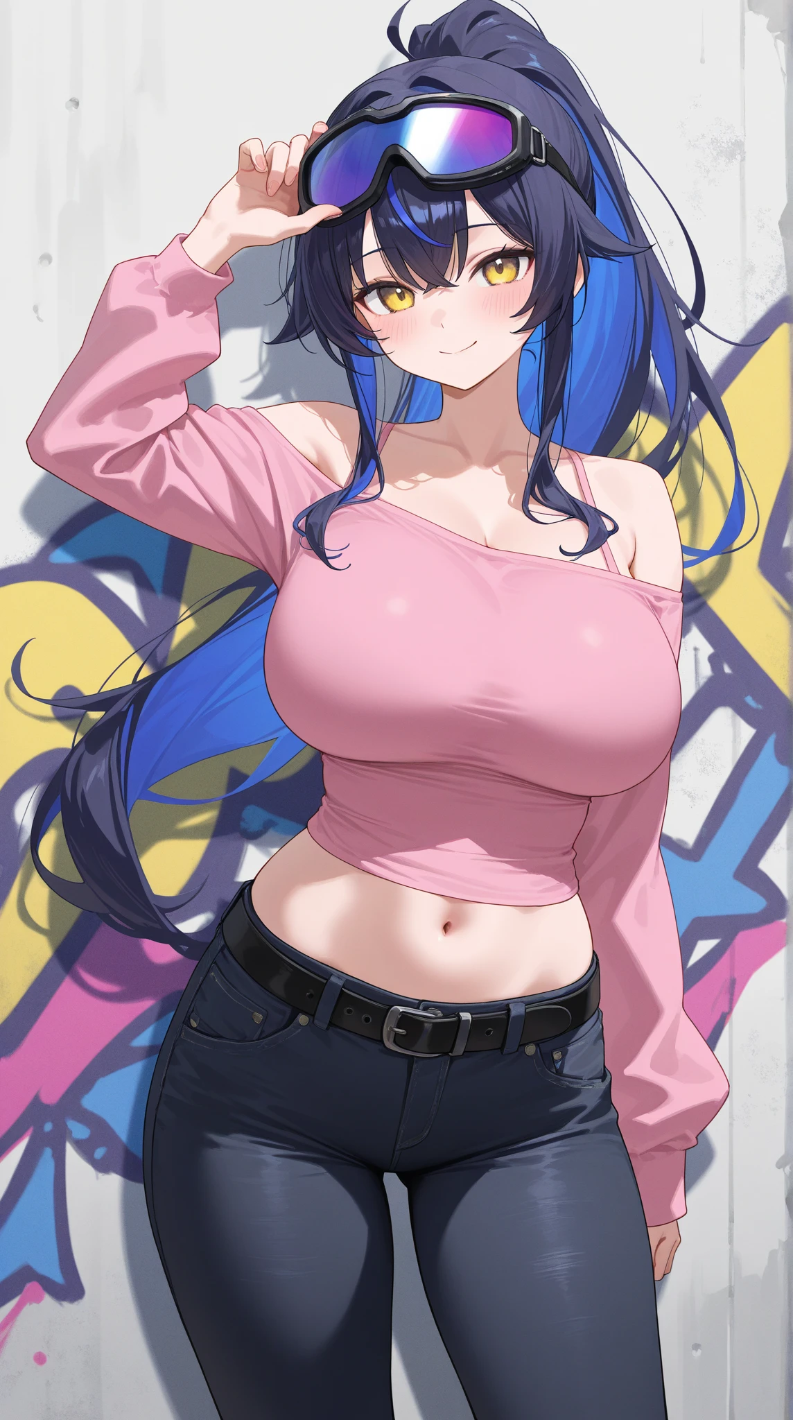 ((Highest quality)), ((masterpiece)), (be familiar with),woman, Black Hair, Blue Hair, Two-tone hair, hat, Purple Shirt,Crop top, Off the shoulder, White pants, Hoop Earrings, smile,Erect nipples