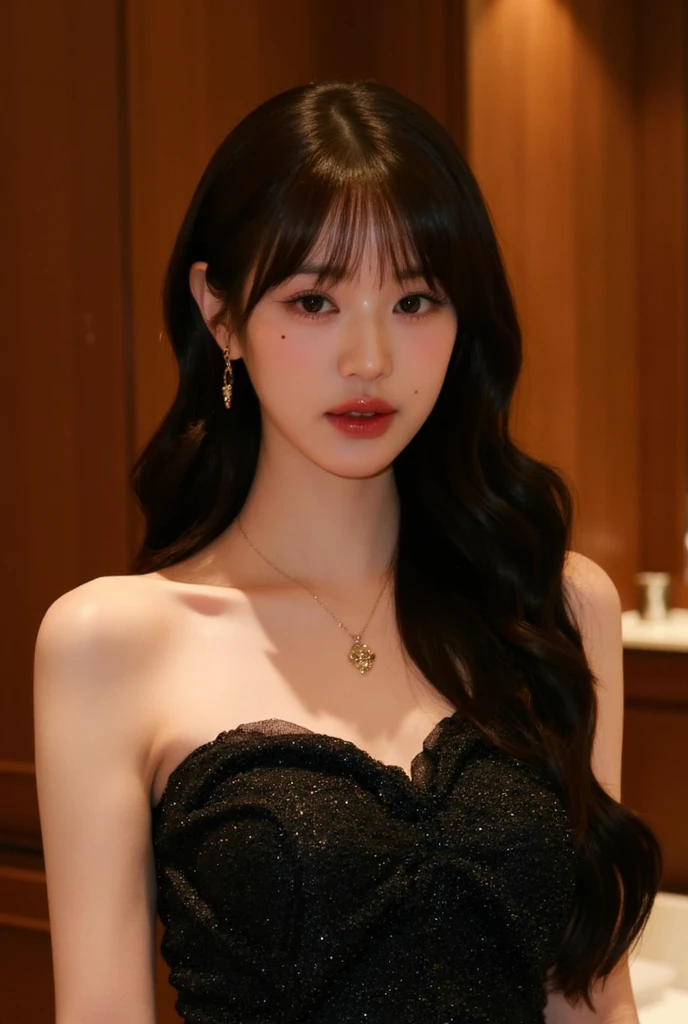 A Korean girl in the street shooting, fluffy hair, delicate face, realistic, real, large aperture, wearing a black princess dress, short princess dress, fluffy dress, with a black necklace, slim,