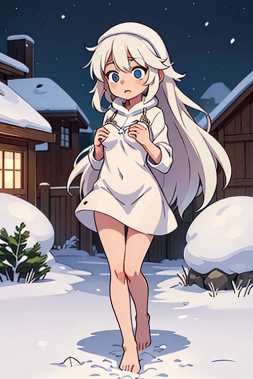 Hiiragitsumugi, Lavender Grey hair, long voluminous hair, brownish yellow eyes,11years old , , empty eyes , large breasts, nipple, Running, , Heavy snowfall area　frozen wet crying mountain Alone, Smile Naked, solo, 1girl,  Standing pee