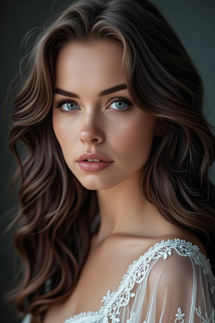 The image captures a moment of quiet elegance, featuring a young woman with a gentle expression. Her hair, styled in loose waves, frames her face beautifully. The soft lighting accentuates her features, highlighting her eyes, which are adorned with subtle makeup. The blush on her cheeks adds a touch of warmth to her complexion. She is wearing a simple white top, which contrasts with her dark hair and complements her overall look. The background is a soft, neutral tone, allowing the focus to remain on her. The composition of the image suggests a sense of calm and sophistication.