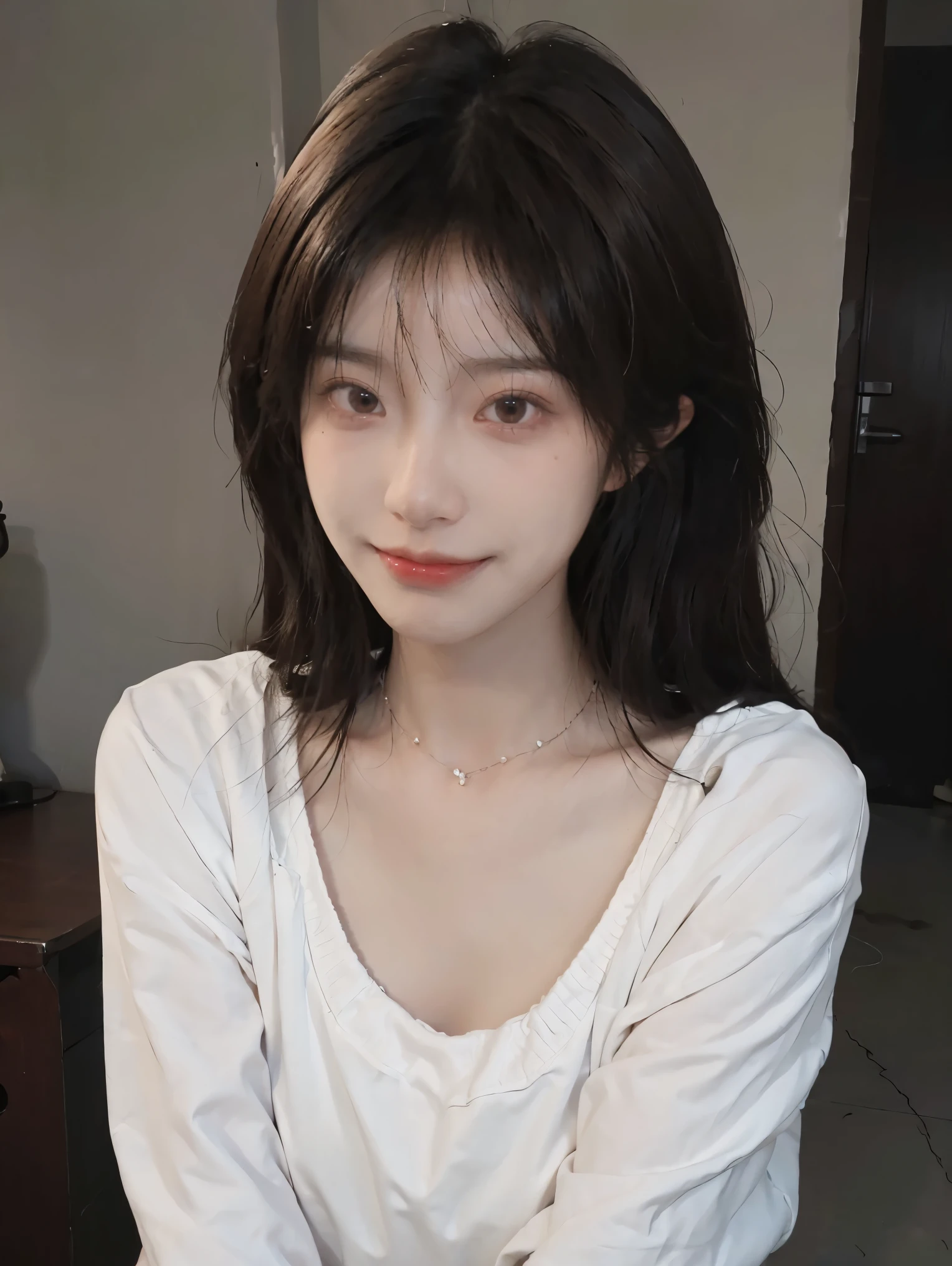 best qualtiy， Ultra-high resolution， （realisticlying：1.4），cute hairpin，Baoyu Girl，1girll,Cropped red sweater ，Beautiful woman with a slim figure:1.4, abs:1.1, (A brown-haired, mideum breasts:1.3), bathroom,Ultra-fine face，Elaborate Eyes，double eyelid，ssmile，choker necklace