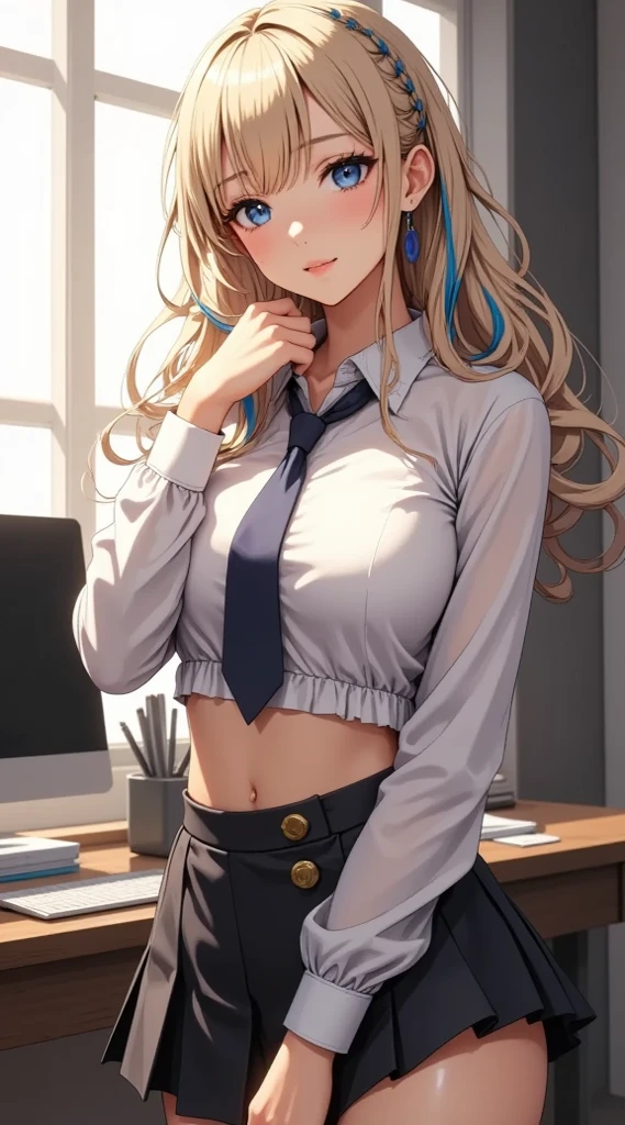 (obra maestra, computer, mejor quality, Clear focus, shadow, anime-style, Resolución ultra alta, 8K, perfect anatomy, perfect face, (detailed face), ( Detailed eye ), score_9, score_8_above, score_7_above, score_6_above, score_5_above, score_4_above, source _animated, Label 1, Label2, quality_obra maestra, anatomically correct, beautiful face, perfect face, Beautiful and highly detailed face and eyes, Attractive face, detailed face, delicate facial features, detailed skin, huge breasts, breast size cup D or DD, wide hips, gigantic butt, thick thighs. looking at the spectator. Anime-style illustration of a beautiful woman with an elegant and sensual look. A young anime-style woman with long hair, straight and blonde with light blue highlights, combed with a braid that surrounds her head. She has big blue eyes and a bright expression with blushed cheeks. Wear a white fitted semi-open shirt that reveals a large part of your abdomen and neckline, with a loose navy tie. She wears a short black skirt with high waist with gold buttons and elegant details. She is standing in a modern office with a desk behind her, which has a calculator, stacked papers and a screen. La iluminación proviene de una ventana que proyecta shadows suaves en la habitación.
