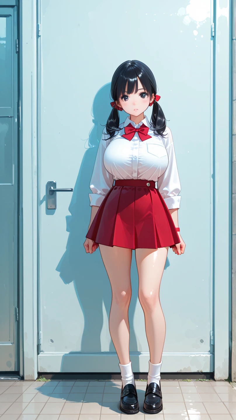 (((whole body))), (Masterpiece), ((Best Quality)), (very short girl), flat chest, two short tails, (Wide hips:1.4), (thick thighs:1.4), (very short skirt), platform heels,