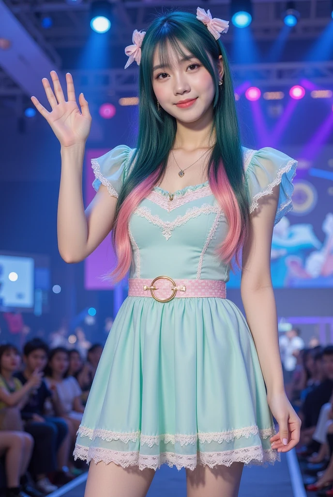 female idol、full body Esbian、colorful fluorescent mini dress、Colorful hair