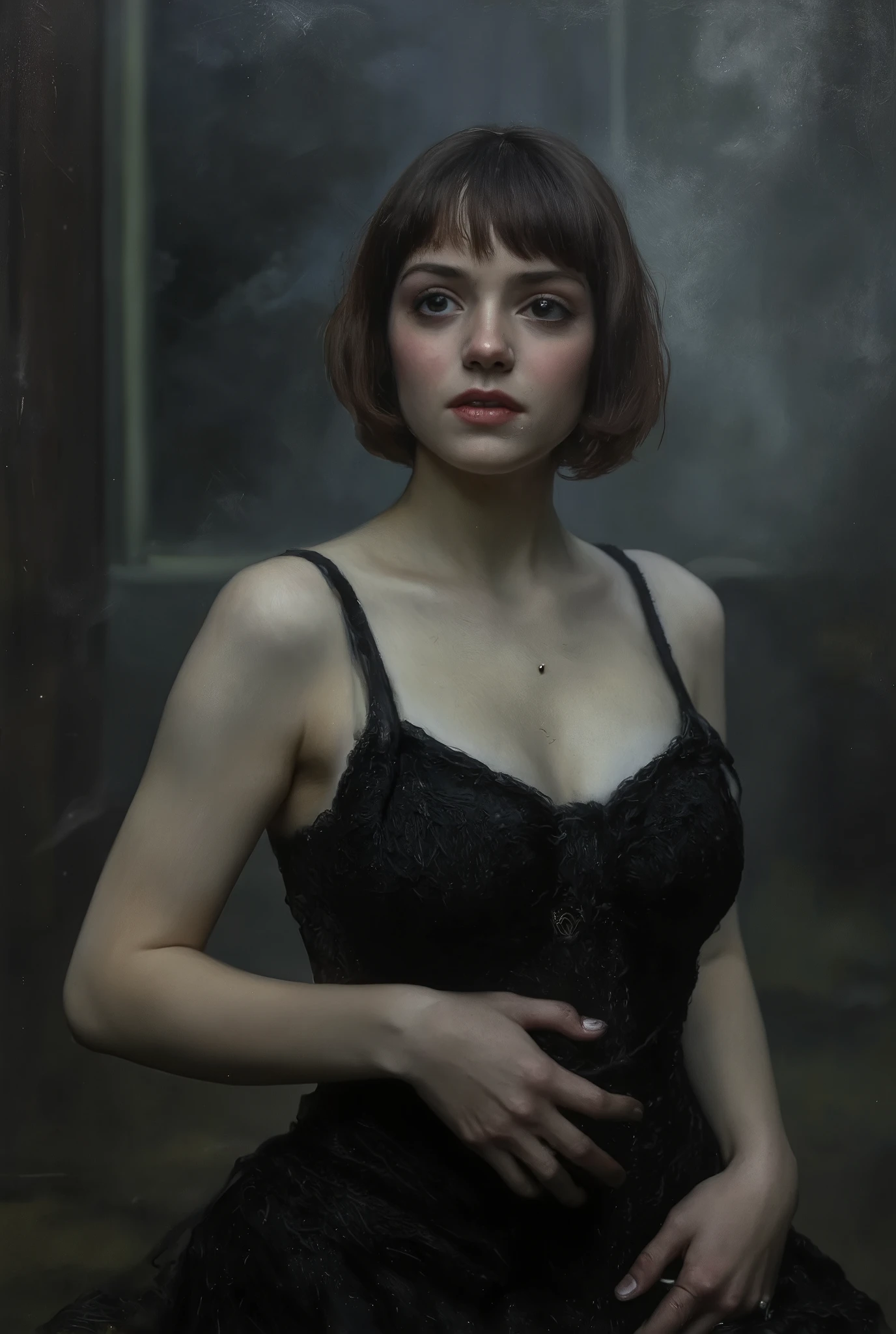 high detailed picture, realistic style, masterpiece, dark room, nightmare, ghostly girl, dark smoky atmosphere, moody lighting, very young girl, small perfect breasts, torpedotits, (thin, slender, narrow shoulders and hips, anorexic girl, slender legs and arms), brown hair, short hair, brown eyes, straight hair, bangs, 16k, masterpiece, realistic style, perfect fingers, tomboy, very sexy dress, dressed like (black knitted dress, open clothes, very off shoulder, her breasts are visible, o-ring), very tight clothes, bursting breasts, EMedvedevaSkater