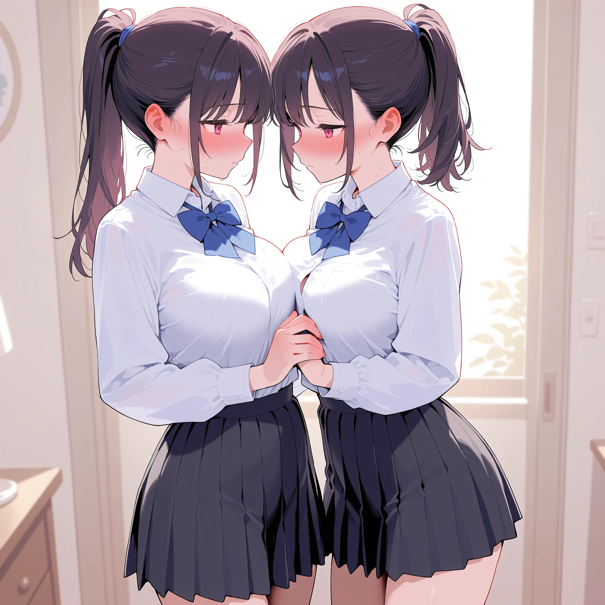 2 girls, kiss, glasses, blush, (slim body:1.2), (huge breasts:1.1), (slender legs:1.1), short hair, long hair, black hair, school uniform, white long sleeve shirt, pleated skirt, (black tights:1.1),