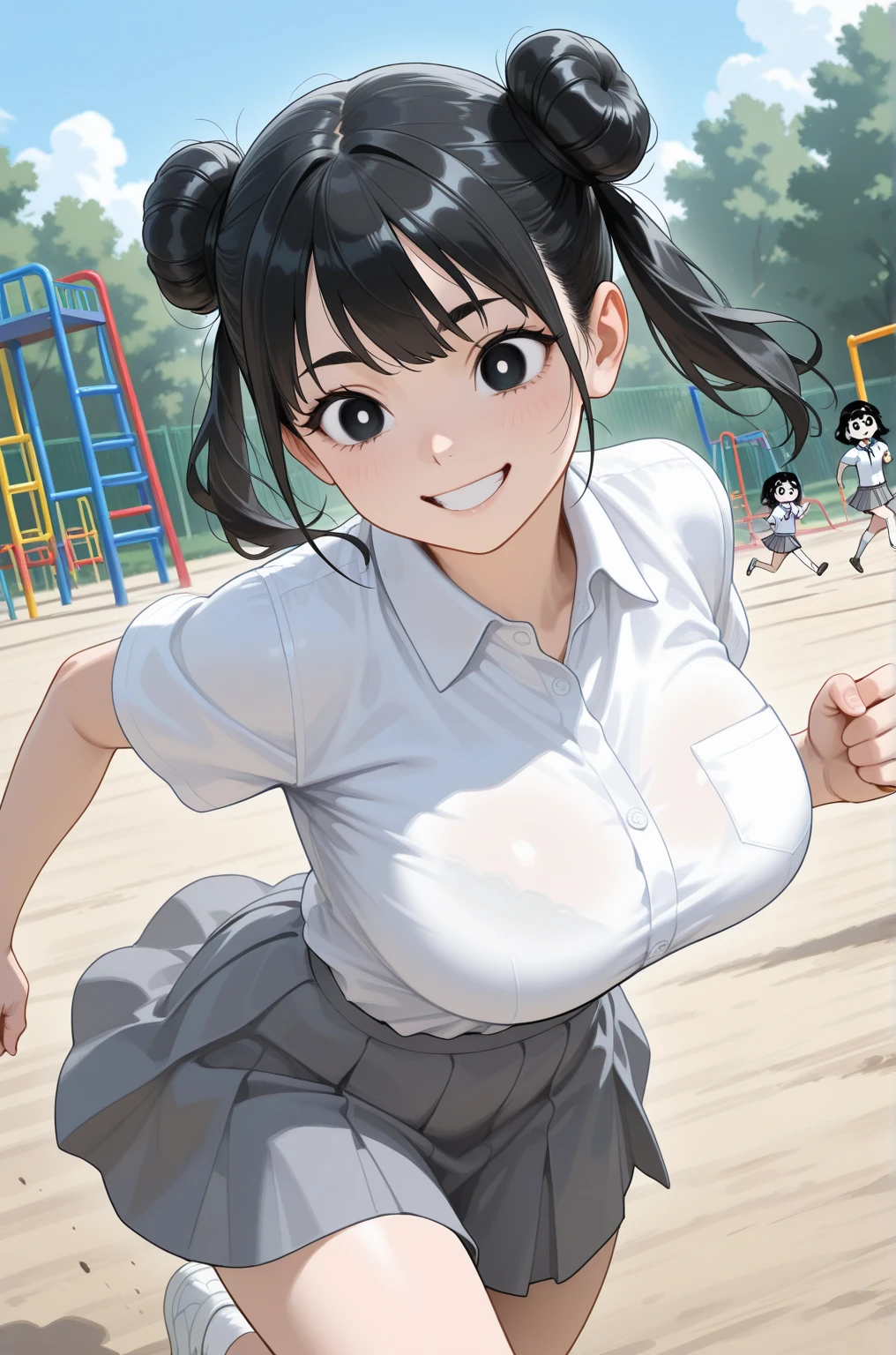 (Perfect body),Best Quality,(8K Portrait),(Official art)、adult woman、fatness、cheerleaders、(((Brown-skinned)))、Red-rimmed glasses、embarrassed from、1girl in,(((:D)))、Wavy mouth、Surprised、(blush),(Sweat),(((large udder)))、(thick thighs)、(big butts)、(Green black hair),Blunt bangs,(The hair is tied in a bun at the back)、((((Short hair))))、(Blue and yellow sleeveless shirt)、(Blue and yellow mini skirt)、pink earring、 (Red Eyes)、In the street、Armpits、Yellow pompons