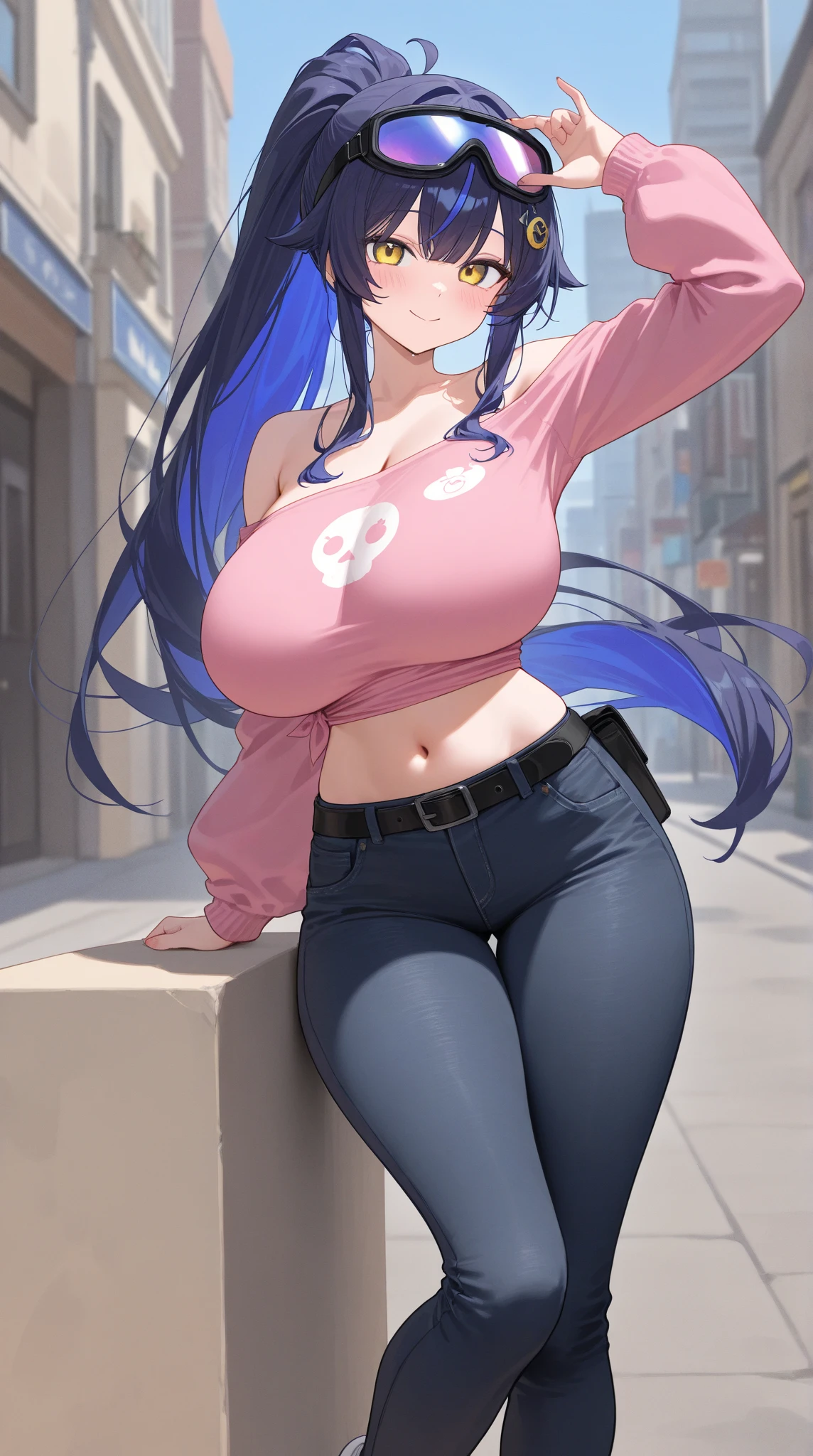 medium firm breasts, busty beautiful ((1cute and beautiful girl, red eyes)), ((Twilight black hair, high ponytail, with bangs, with blue highlights))extremely sexy body, (blouse with puffed sleeves, sleeping shorts)), ((beautiful)), romantic smile, pink lips , blush, (looking at viewer), on the street at night, standing