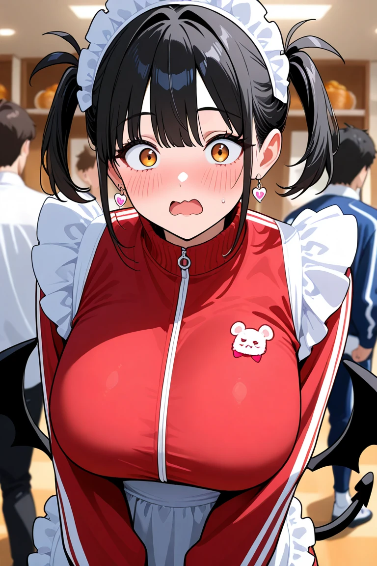 One girl,Black Hair,Pink eyes,(blush:1.1)、Embarrassed face、 ((Heavy breathing:1.3)), like, smile、Big Breasts、whole body,I'm eating ice cream,Sexy pose