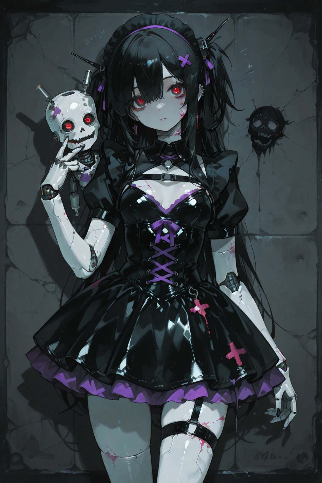 a woman with short black hair, cabelo nos ombros, black skin color, wearing a black cropped and plaid skirt, purple eyes, gothic art, cute aesthetic with vibrancy, cartoon aesthetic, wearing black costume, using gothic accessories, looks like Cassie Hack, trunk, holding a skull in his hand, horror background