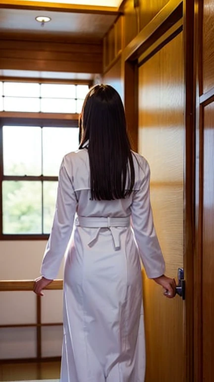 ((best quality)), ((masterpiece)), ((realistic)), 30-years-old, Japanese woman, short girl, sweeping the table, wearing transparent long sleeves grey Plizkated Suit dress, fitted dress, leap frog pose, transparent white long skirt, saggy breast, enormous hips, big ass, thick thighs, housekeeping, side view