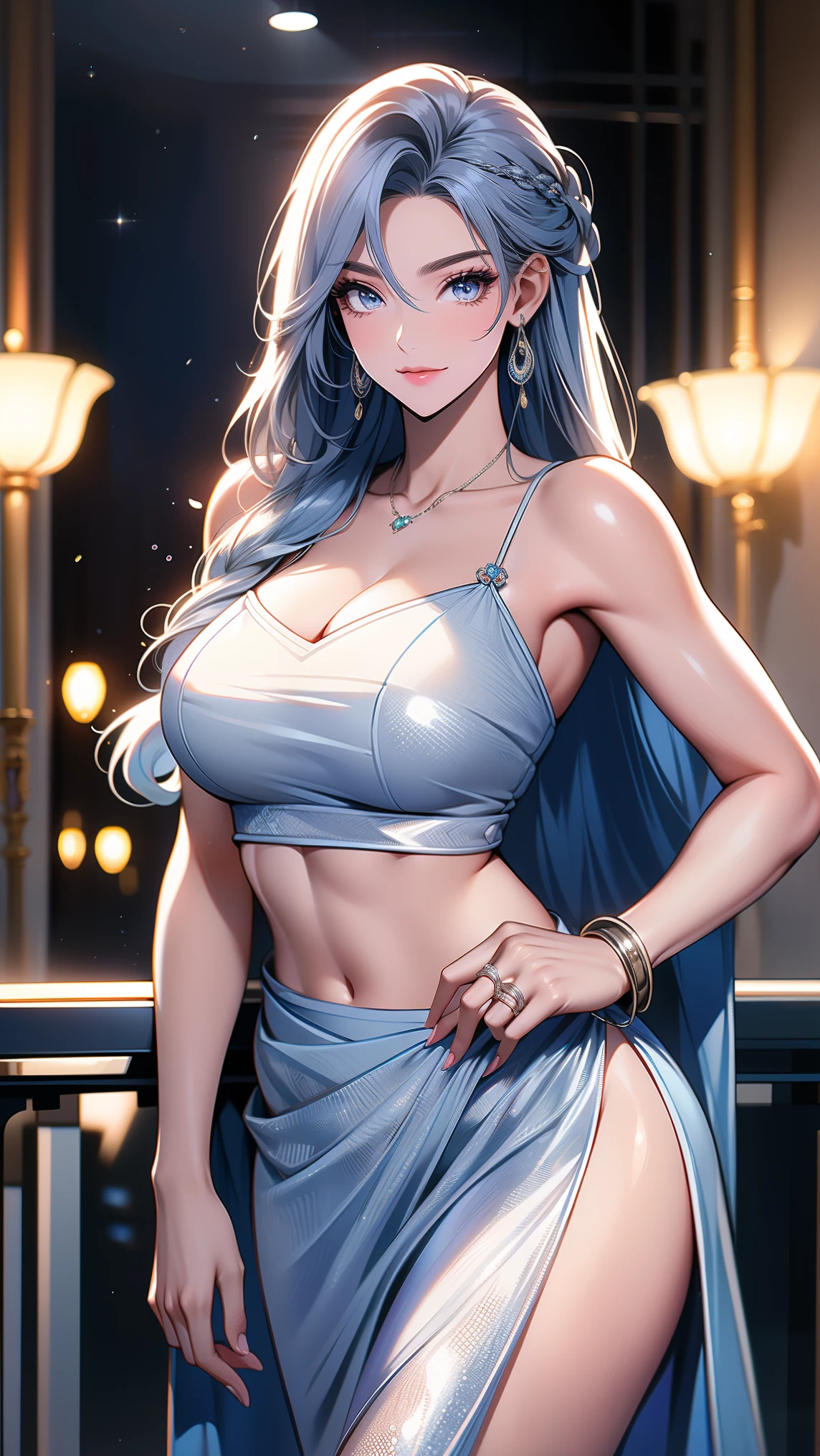 best quality, masterpiece, solo, {st louis_azurlane:1.15}, blue hair, bangs, sidelocks, breasts, large breasts, side ponytail, blush, long hair, cleavage, purple eyes, hair ornament, smile, hair between eyes, jewelry, pink eyes, 1girl, backless dress, backless outfit, bare shoulders, dress, evening gown, halter dress, halterneck, necklace, plunging neckline, revealing clothes, silver dress, earrings, grey dress, hairclip, looking at viewer, thighs, parted lips, nail polish, (abs:1.5), (muscular:1.4), (navel piercing:1.4)