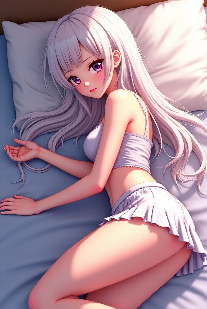 Create a beautiful japanese albino having red eyes, white hair, blushes, beautiful rose like layered and wet pussy, perfect tits, wearing full leg torn stockings and off-shoulder loose shirt and a newly styled beautiful skirt, laying flat on ground in a cute manner and both legs spreaded ,(tall), (20 years old girl), perfect looking , perfect anatomy, beautiful face, highly detailed, 3d anime, cartoonic, large tits, background of a Japanese tradition, perfect face,red shining eyes,solo, single image,large breasts , large ass, falling in space